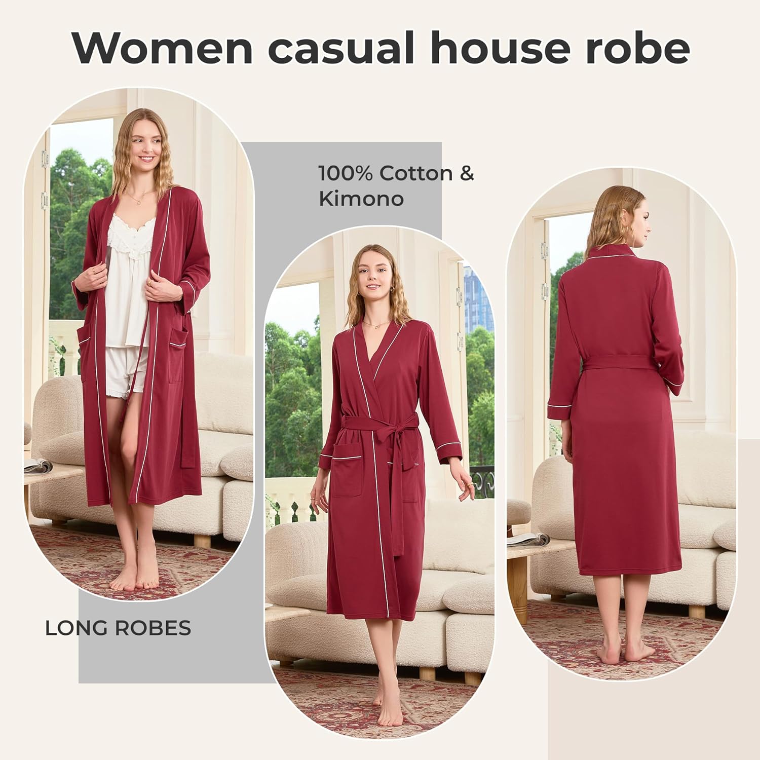 HEARTNICE Womens 100% Cotton Robe, Soft Kimono Spa Long Bathrobe Lightweight Loungewear - Image 4