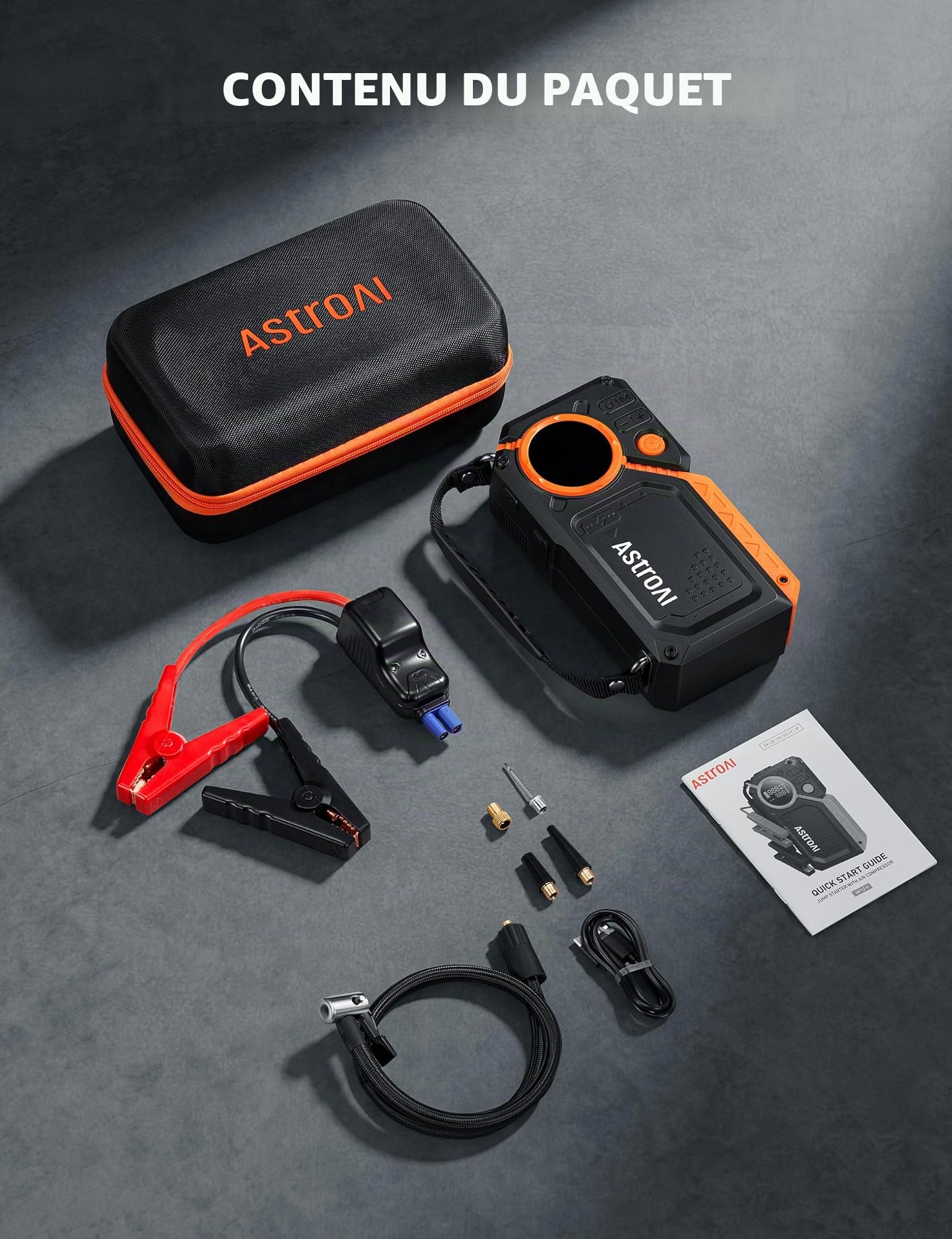AstroAI Booster Batterie Voiture 8000A, Démarreur Batterie Voiture Portable avec Compresseur à Air 150PSI 12V(Tout Essence/12L Diesel) Pinces de Sécurité Intelligentes, LED Démarrer Rapidement & QC3.0