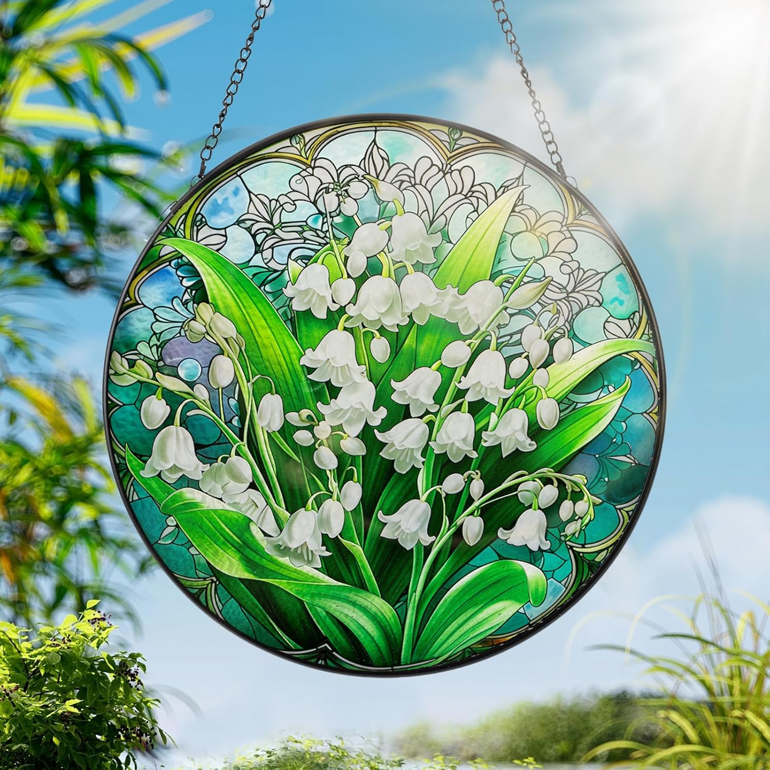 Stained Glass Window Hanging - Lily of The Valley Flower Suncatchers Stain Glass Landscape Sun Catcher Indoor Windows Decor for Mother's Day Christmas Birthday Gifts for Wife and Mom(9.8-inch)