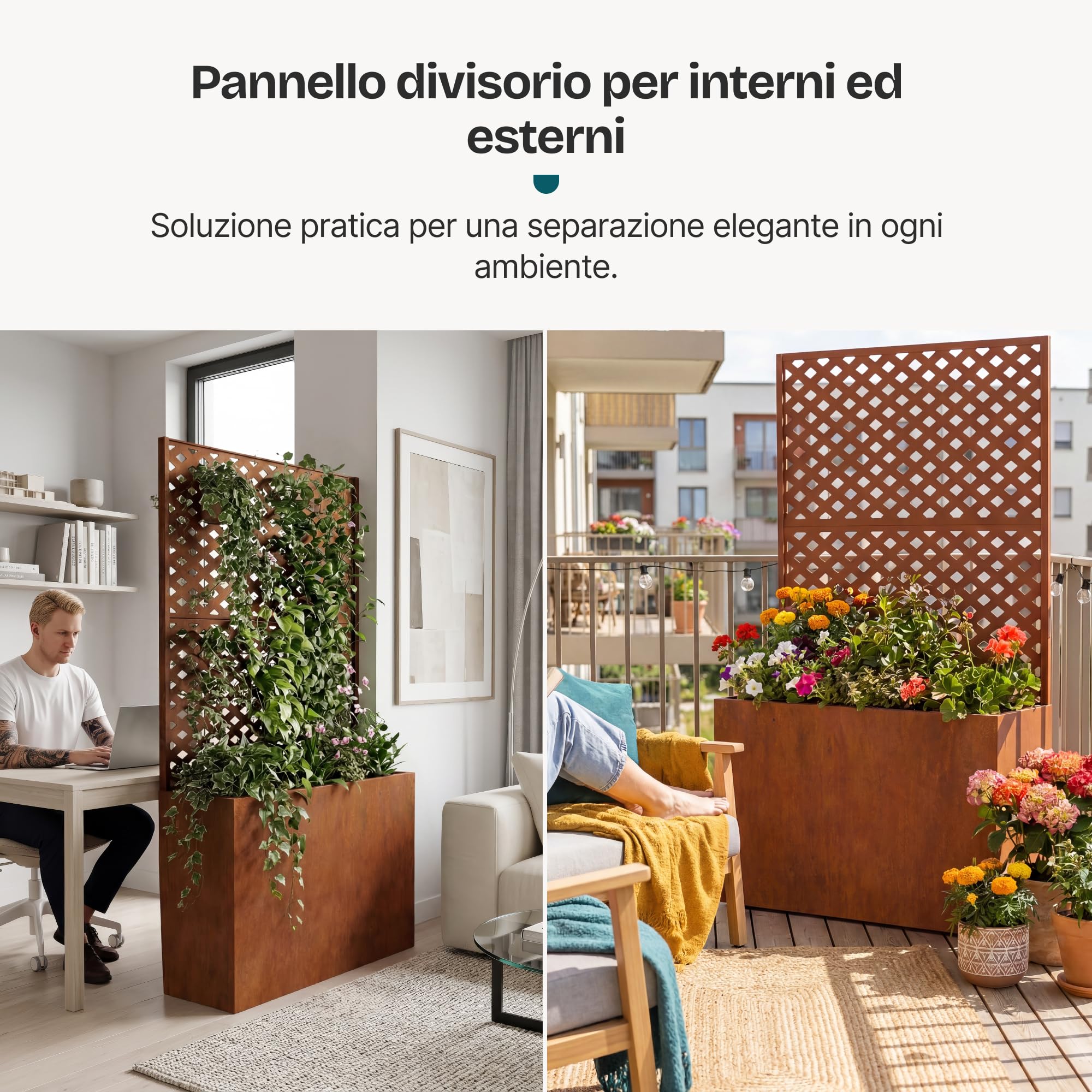 casa.pro Fioriera Alta con Spalliera Separé 146x83x31 cm Marrone Ossidato | Acciaio Corten Pannello Divisore Privacy Portapiante Rettangolare Grigliato Frangivista Giardino Terrazza Interno Esterno