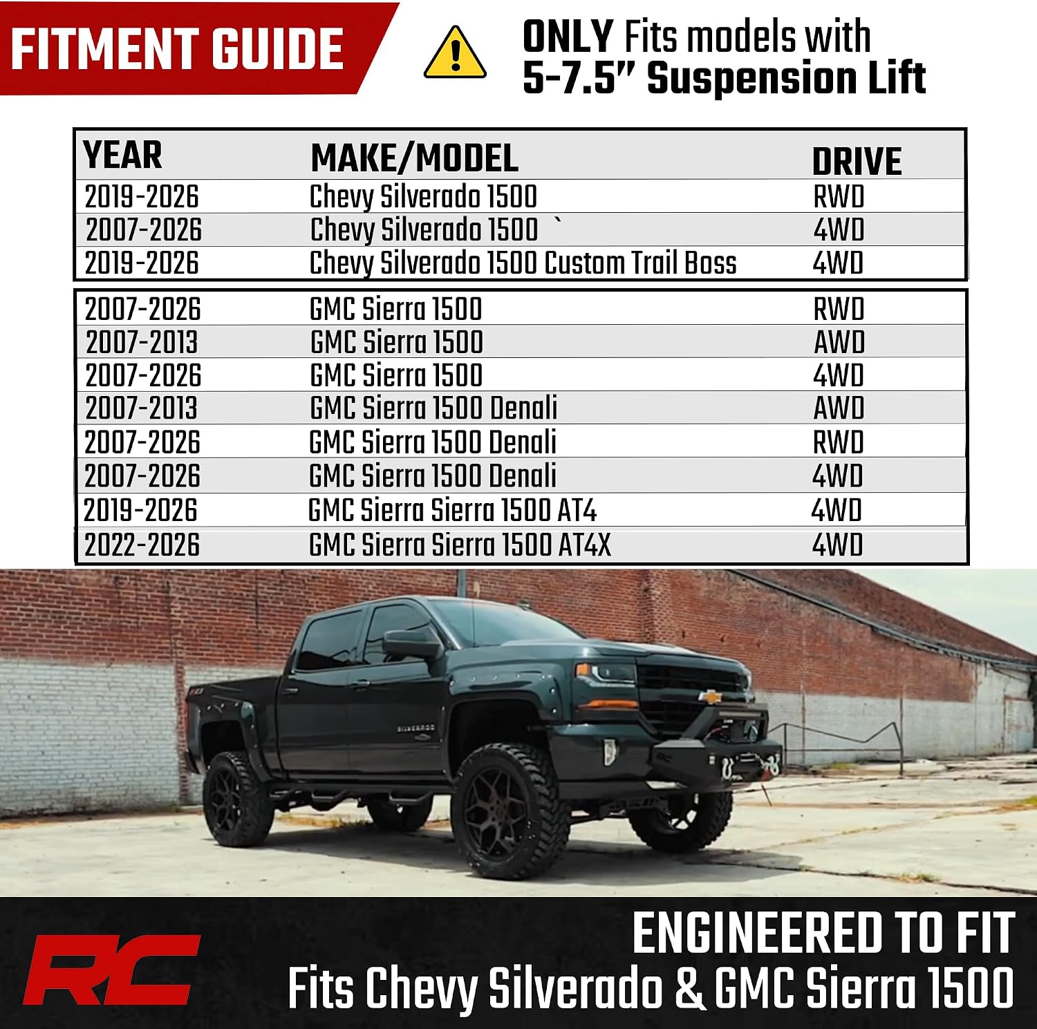 Rough Country Vertex 2.5 Reservoir Rear Shocks for Chevy Silverado & GMC Sierra1500 (2007-2026) - Fits 5-7.5" Lift, Nitrogen-Charged Monotube Design