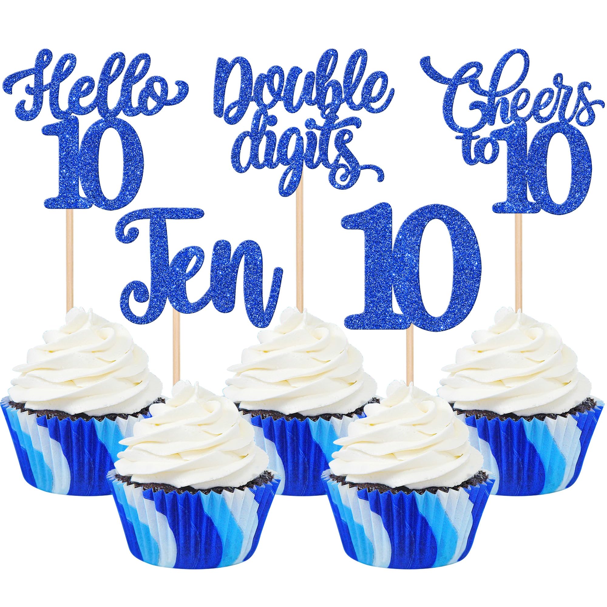 30PCS Happy 10th Birthday Cupcake Toppers Glitter Ten Double Digits Hello 10 Cupcake Picks Cheers to 10 Birthday Decorations for 10th Birthday Anniversary Party Cake Decorations Supplier Blue