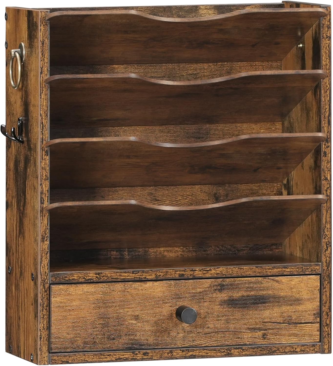 HOOBRO Wall File Organizer, Mail Organizer Wall Mounted, Wooden Literature Organizer, Construction Paper Organizer with Drawer Storage and 2 Hooks, for Office, Classroom, Home, Rustic Brown FG14WF01