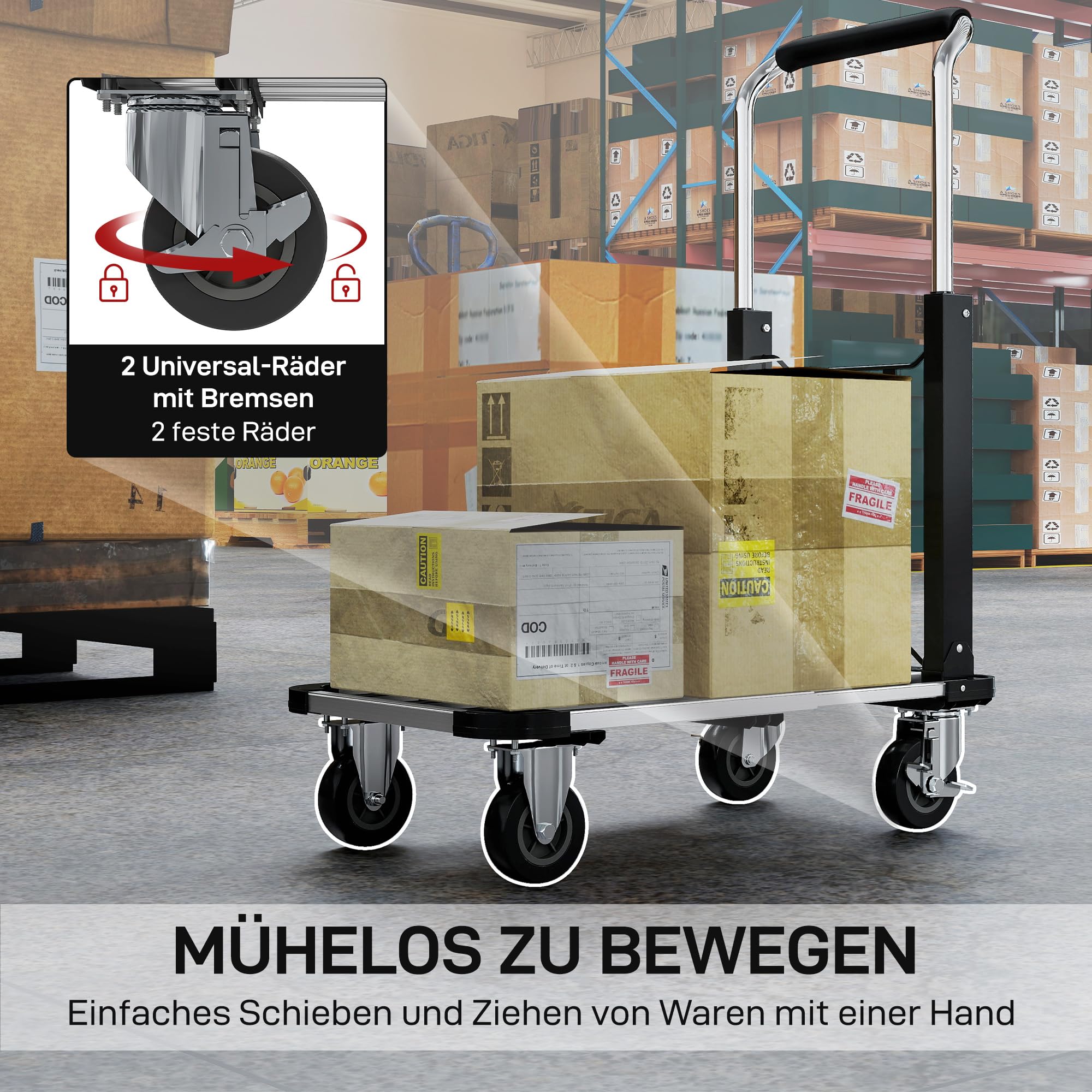 HOMCOM Wózek platformowy, składany, 150 kg, z hamulcem postojowym, kółka skrętne, kolor srebrny | Wózek transportowy, wózek ręczny, wysuwana platforma, regulowany uchwyt, pomoc transportowa, wózek paczkowy