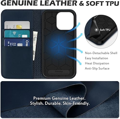 Miniatura 8 de SHIELDON Funda para iPhone 13 Pro de 6.1 pulgadas, funda de piel auténtica tipo cartera con bloqueo RFID, soporte para tarjetas, soporte de