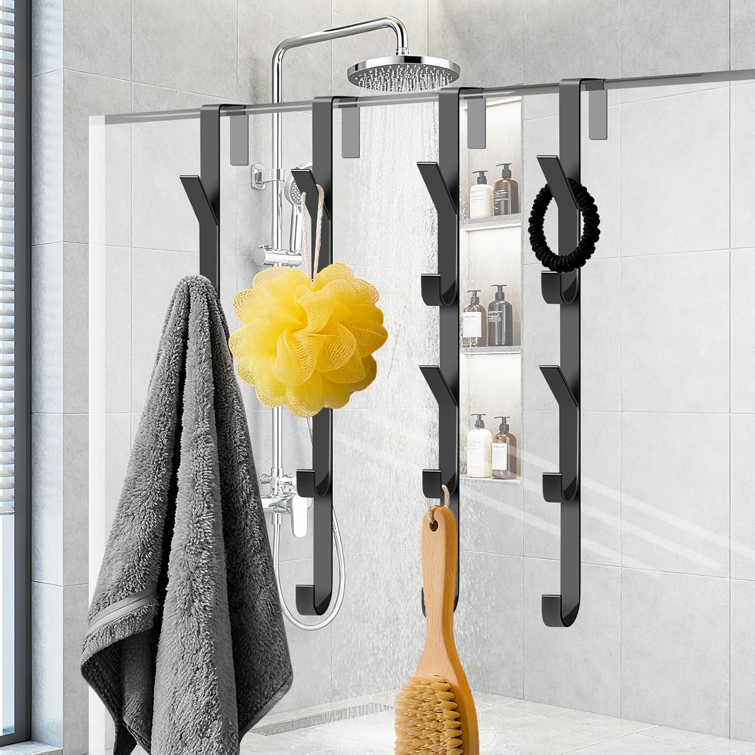 4 Pack Over The Door Hooks, Metal Hook Organizer for Bathroom, 5 Layers Organizer Rack Hanger, Vertical Over The Door Hanger for Towels Clothes Coats Hats Purse Bags, 11.7Inch, Black