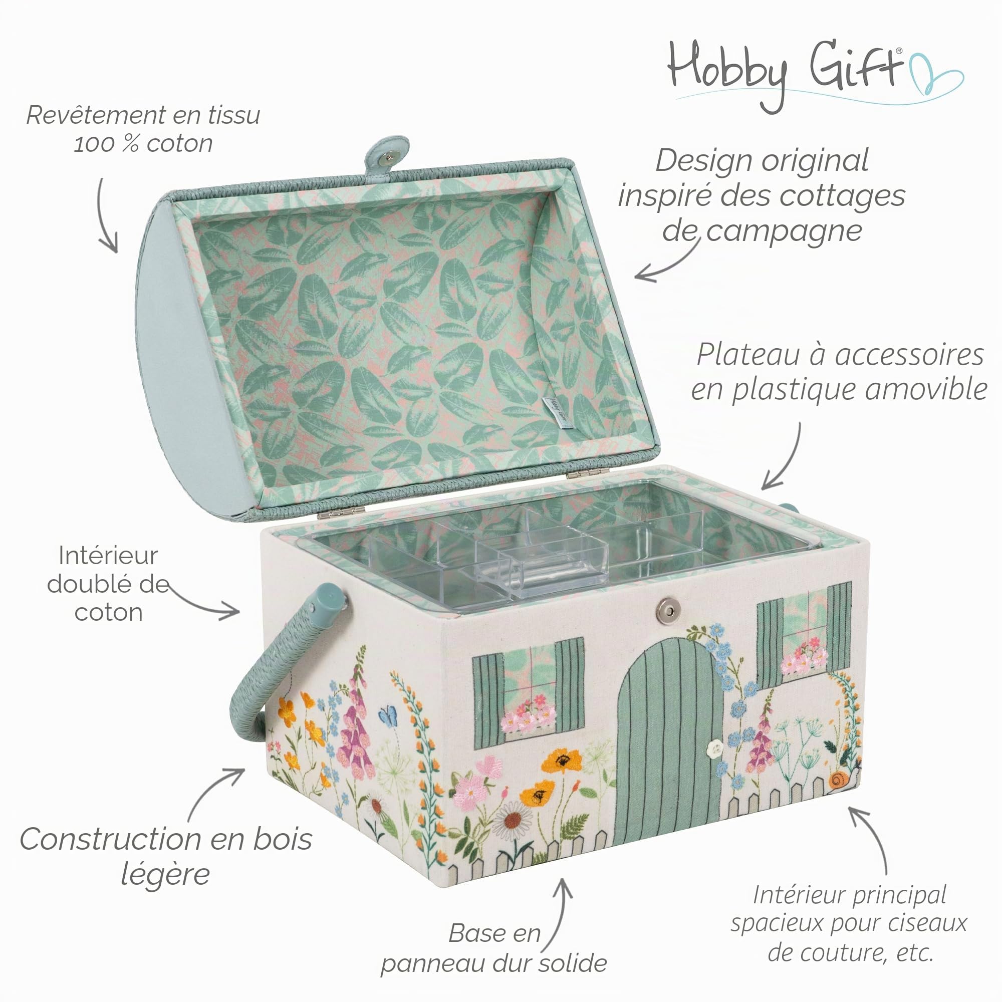 Hobby Gift Boîte à couture brodée – Motif floral de style cottage de campagne, toit et poignée en osier, comprend un plateau interne en plastique avec compartiments pour les artisans 21 x 30 x 26 cm