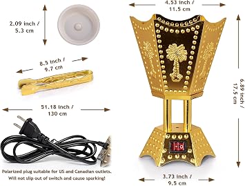 AM Bakhoor Electric Incense Burner - Oud Frankincense Resin Burner 6.5 Inches Tall (Hexagon) (Gold)