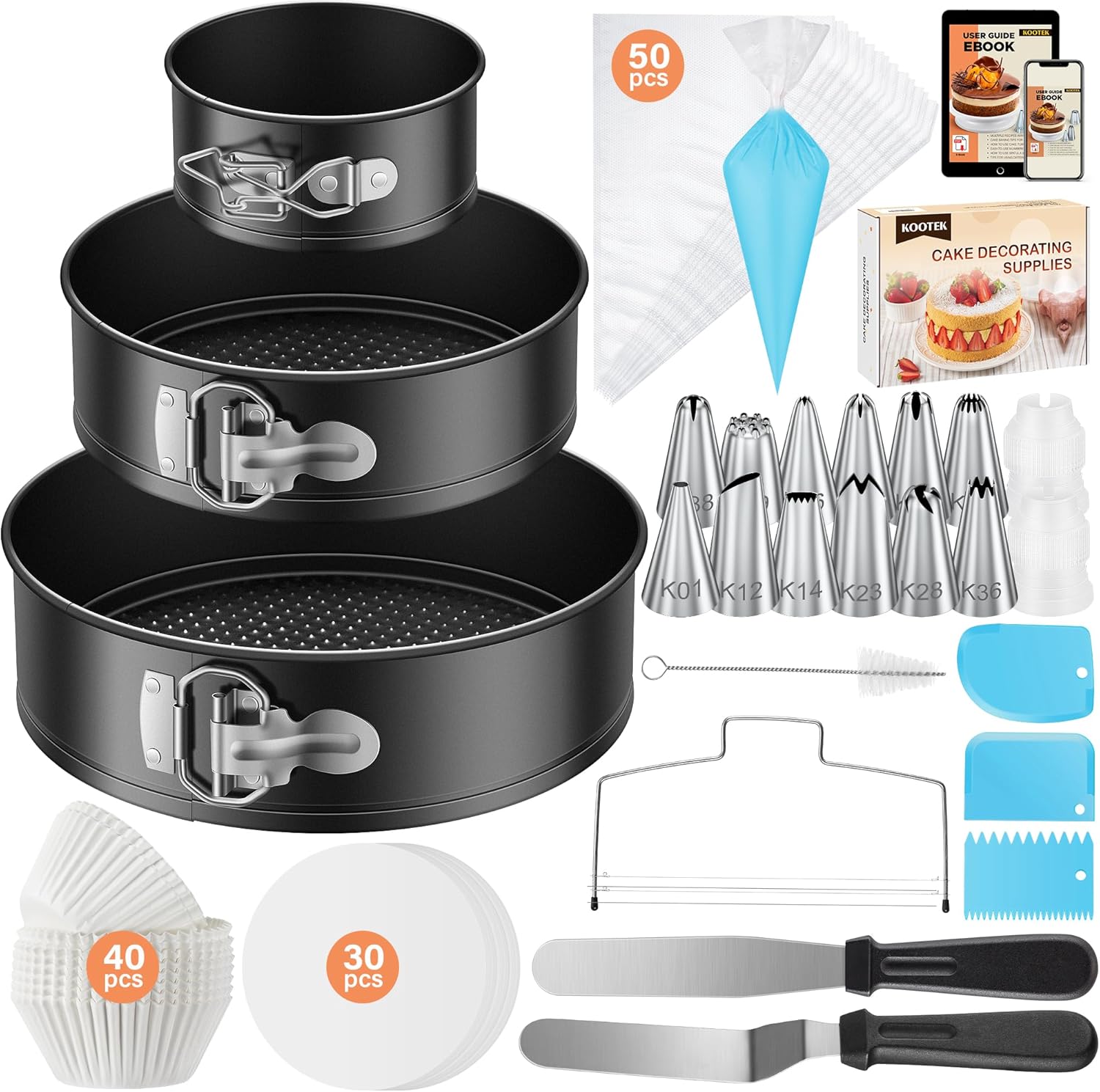Kootek 144pcs Cake Pan Set with Ebook, Cake Decorating Supplies with 3 Round Nonstick Removable Base Bakeware Springform Pans (4