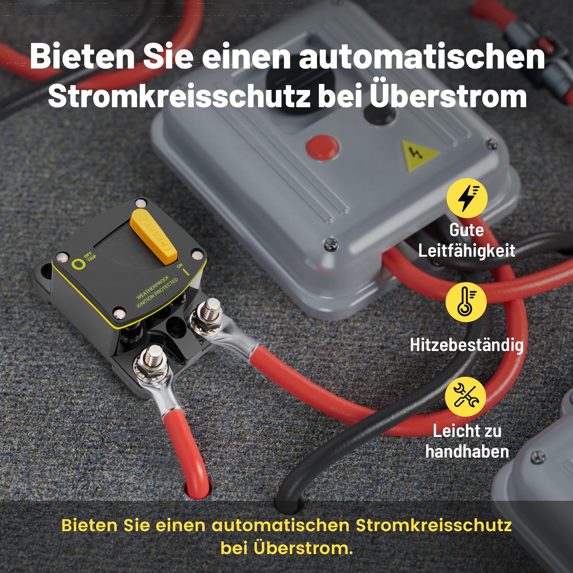 RED WOLF 300A Auto Schutzschalter DC 12V-24V, Automatische Sicherung 300 Ampere Sicherungsautomat kfz für LKW Boot Stereo Radio Autobatterie Sicherungshalter mit Manueller Reset Gelb