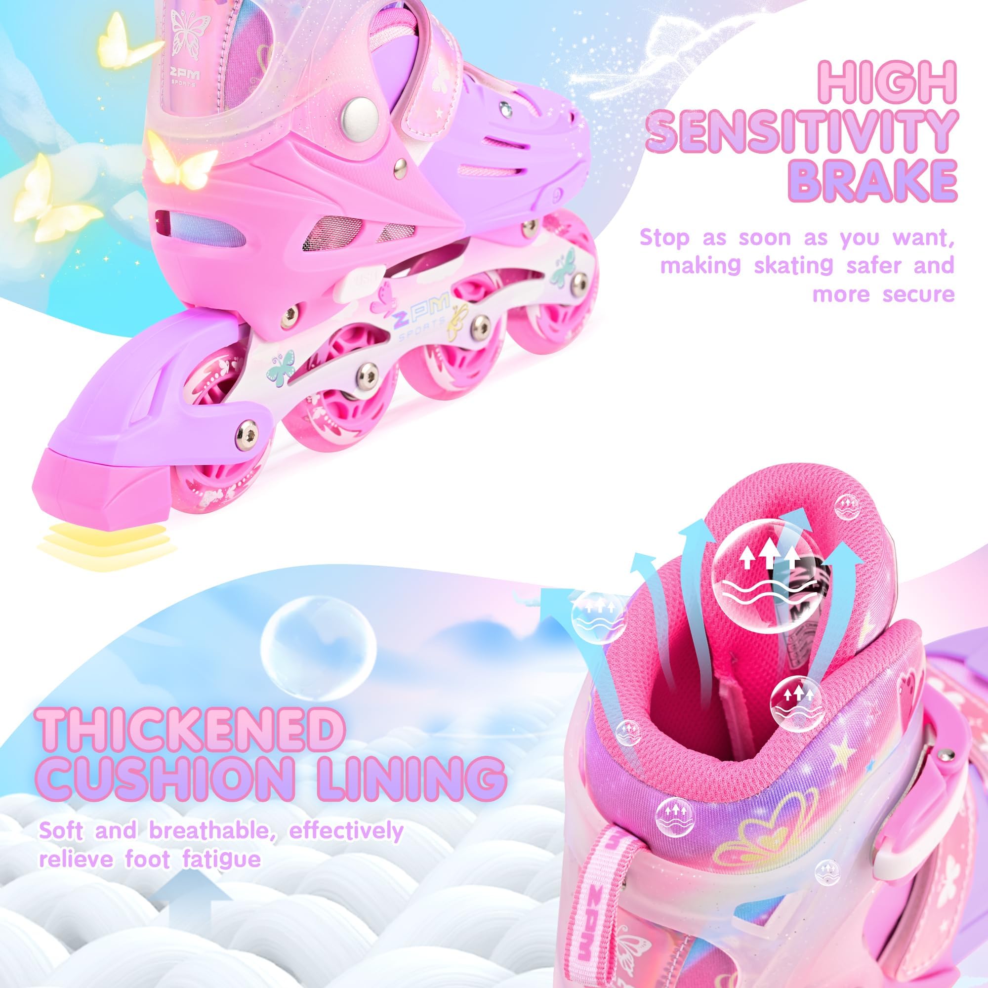2PM SPORTS Patins à roulettes en Ligne pour Filles Enfants - Rose Bleu 4 Tailles réglables Intérieur Extérieur Débutants