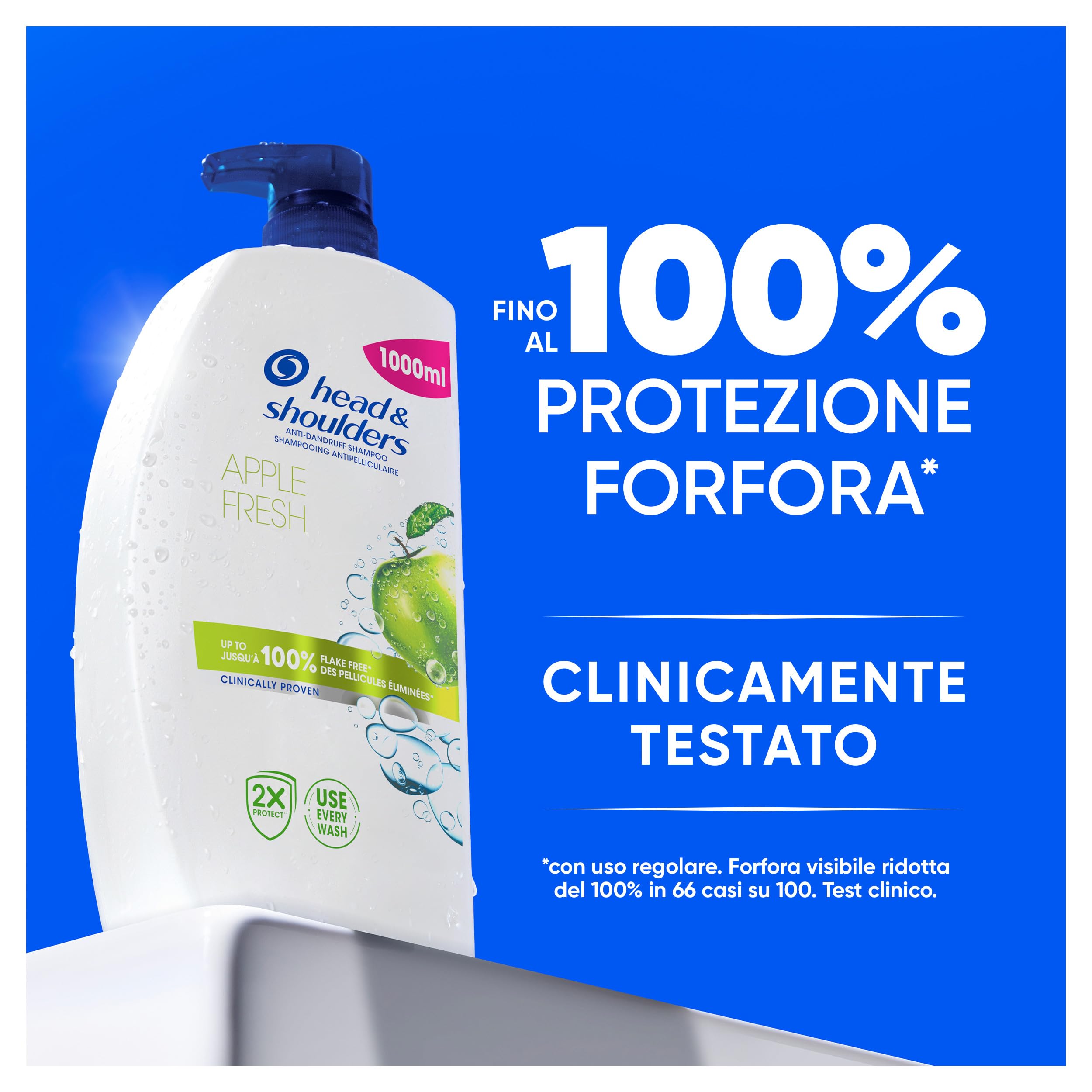 Head & Shoulders Shampoo Antiforfora Apple Fresh 1000ml con Dosatore, Uso Quotidiano. Fino al 100% Protezione dalla Forfora, Clinicamente Testato. Tutti i Tipi di Capelli. Freschezza, Profumo di Mela
