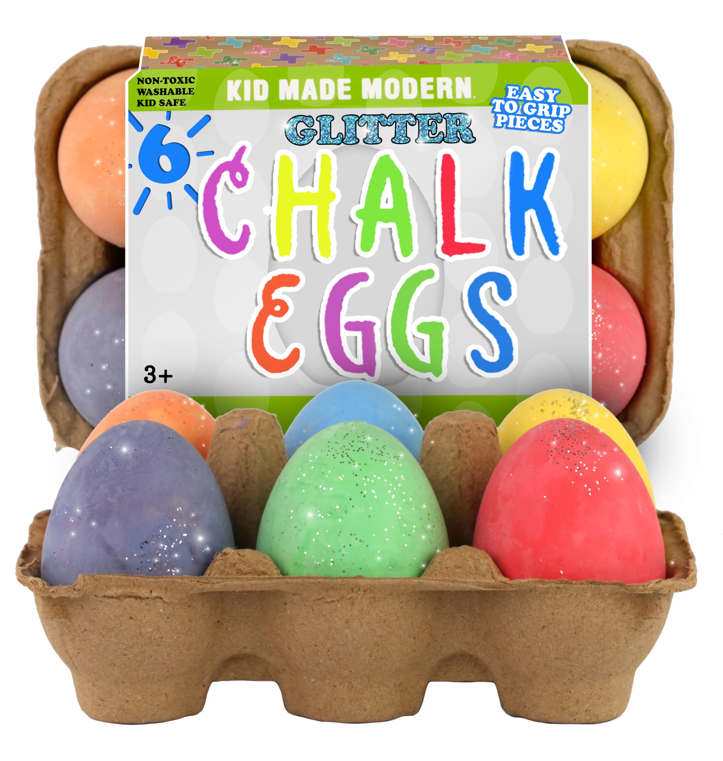 Glitter Egg Chalk - Set of 6 Vibrant Egg-Shaped Chalks for Kids - Non-Toxic, Washable, Dust-Free & Mess-Free - Fun Crafting & Drawing for Kids Ages 3+ and Beyond