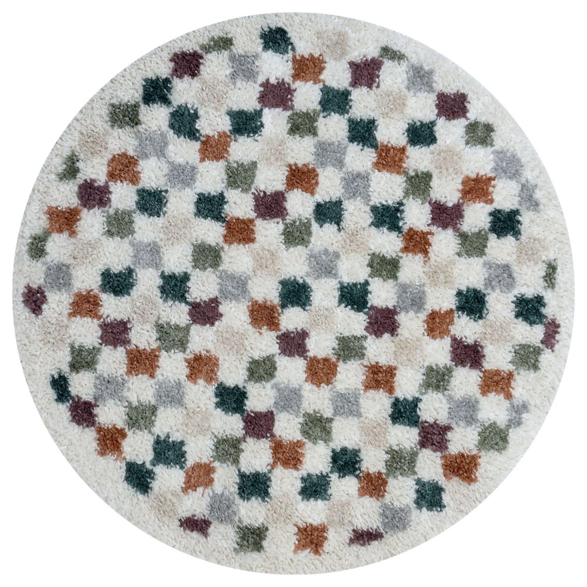 The Rugs Unisex Multi Moodi Chequered Shaggy Soft High Pile Living Room Rug And Runner 120Cm Diameter