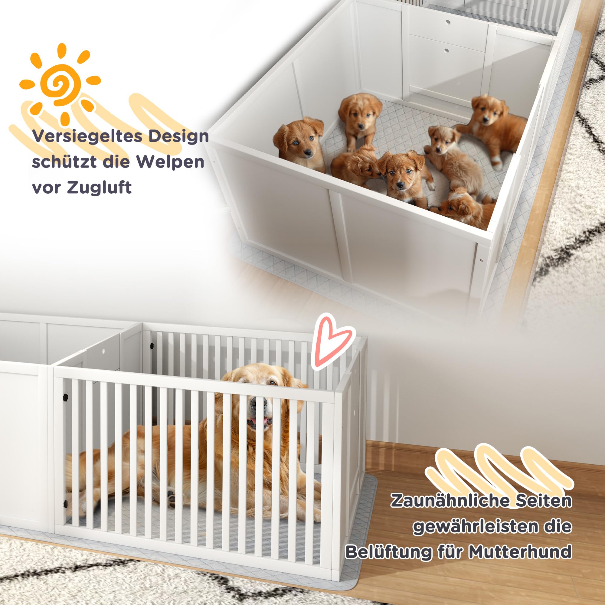 PawHut Wurfkiste für Welpen Wurfbox mit Tür Große Hunde 166x80x50 cm Weiß | Welpenlaufstall, Wasserdichte Bodenmatte, Hundelaufstall Welpenauslauf