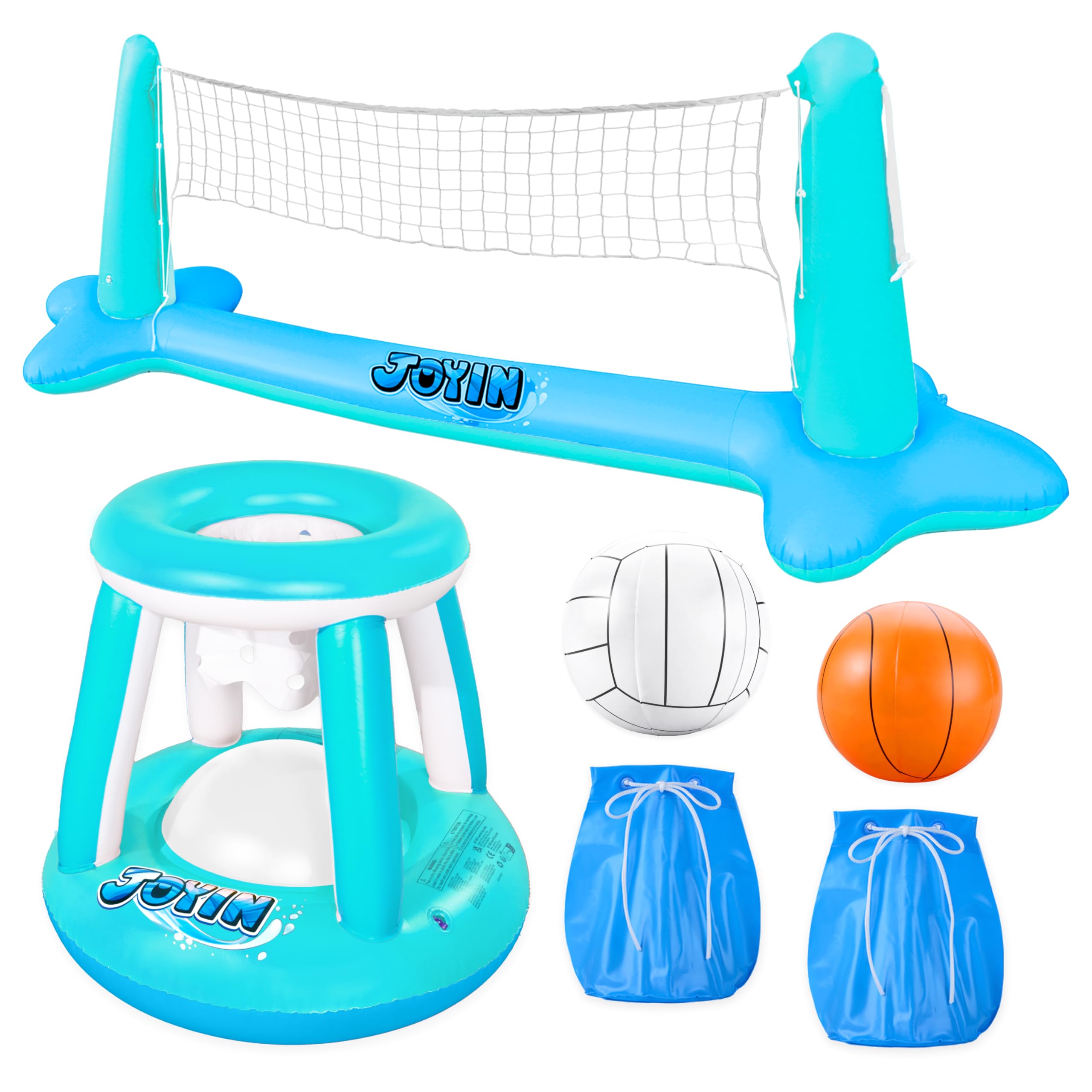 Photo 1 of JOYIN XL Inflatable Pool Float Set, 125'' Volleyball Net & Basketball Hoops, Extra Large Floating Swimming Game Toy for Kids and Adults, Summer Floaties, Volleyball Court|Basketball, XL-Blue, Cyan