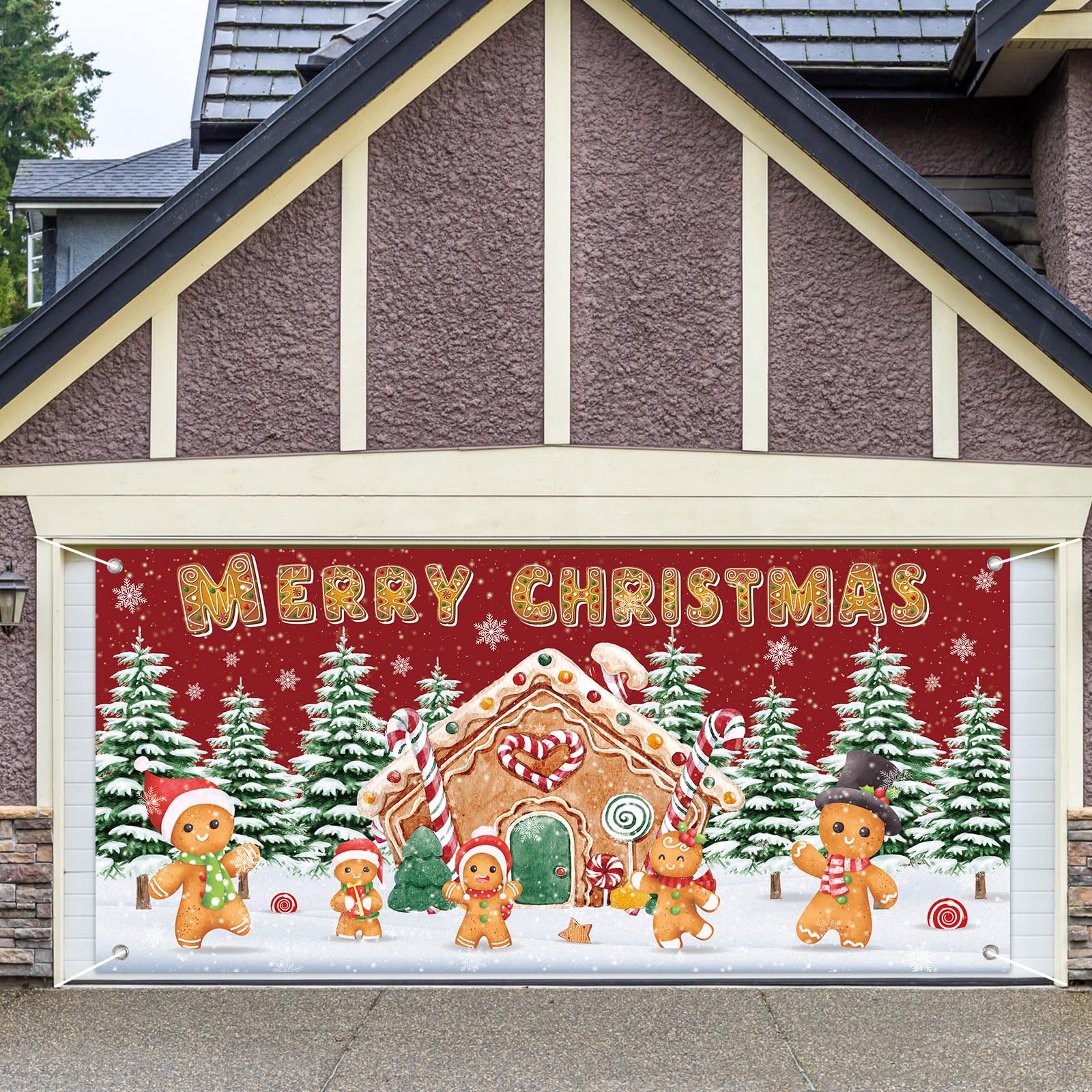 JarThenaAMCS Cartel de puerta de garaje con texto en inglés "Merry Christmas", para árbol de Navidad, hombre de jengibre, 6 x 13 pies, letrero grande nevado para patio interior y exterior, fiesta en