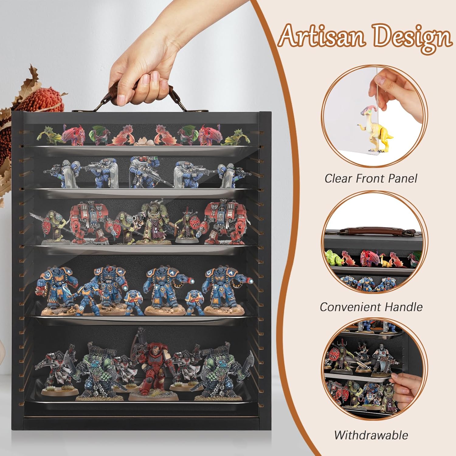 Miniature Display Case for Collectibles, Miniatures Storage Case Display Shelves Shelf for Mini Action Figures Valuable Collectibles or Crystal Stone (Matte Black)