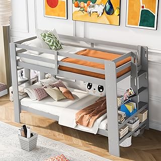 Harper & Bright Designs Twin Over Twin Bunk Bed with Storage Shelves and Built-in Ladder, Wood Bunk Beds Frame for Kids Teens Adults, No Box Spring Needed, Sloping Design (Gray)