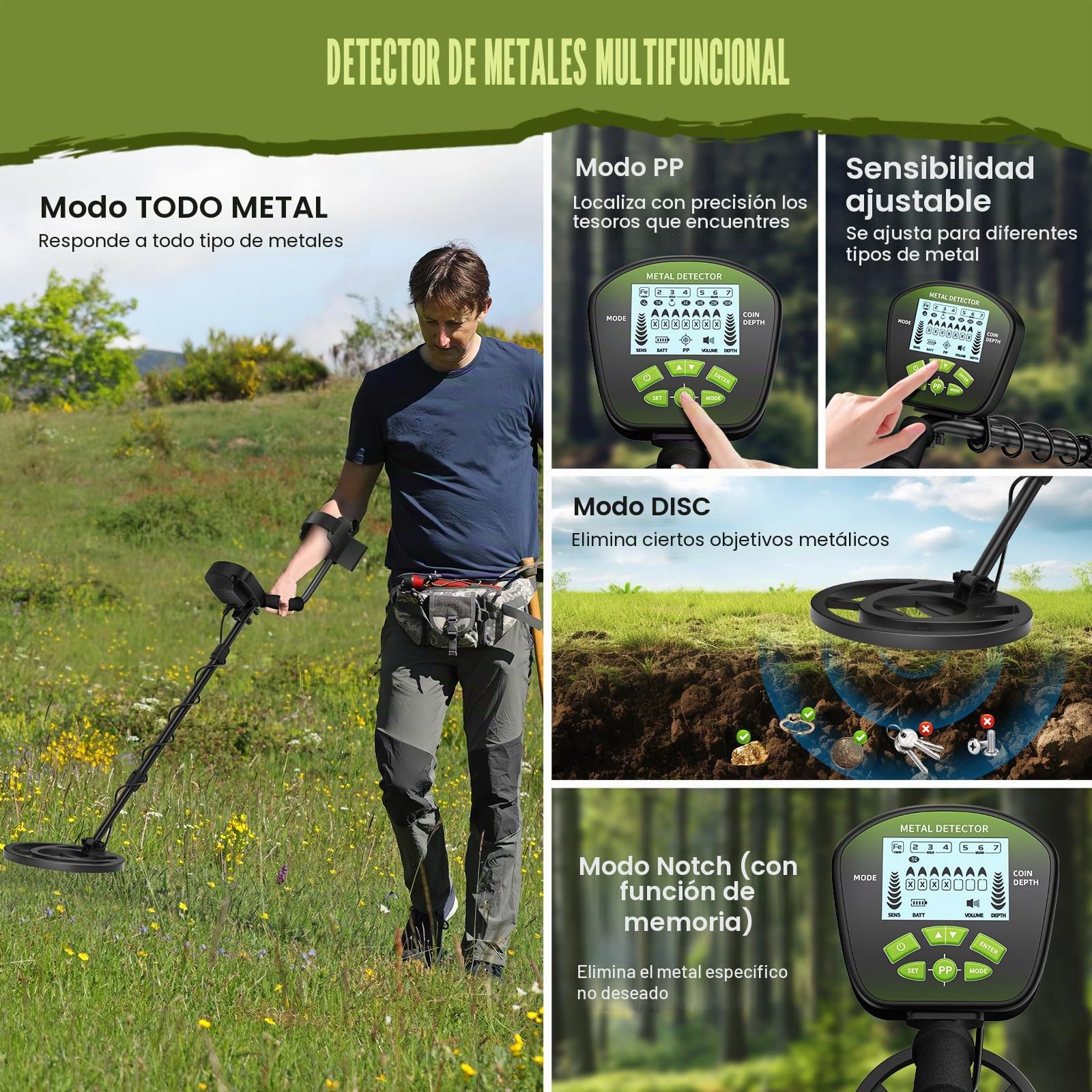 Detector de metales para adultos y niños, longitud ajustable, sensibilidad y audio, todos los modos de metal/DISC/PP, pantalla LCD, kit profesional de detector de oro para playa y jardín