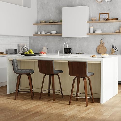 Miniatura 161 de SIMPLIHOME Lowell Taburete de bar giratorio ajustable, silla tapizada de metal de 33 pulgadas de altura del asiento en tela de aspecto de lino gris