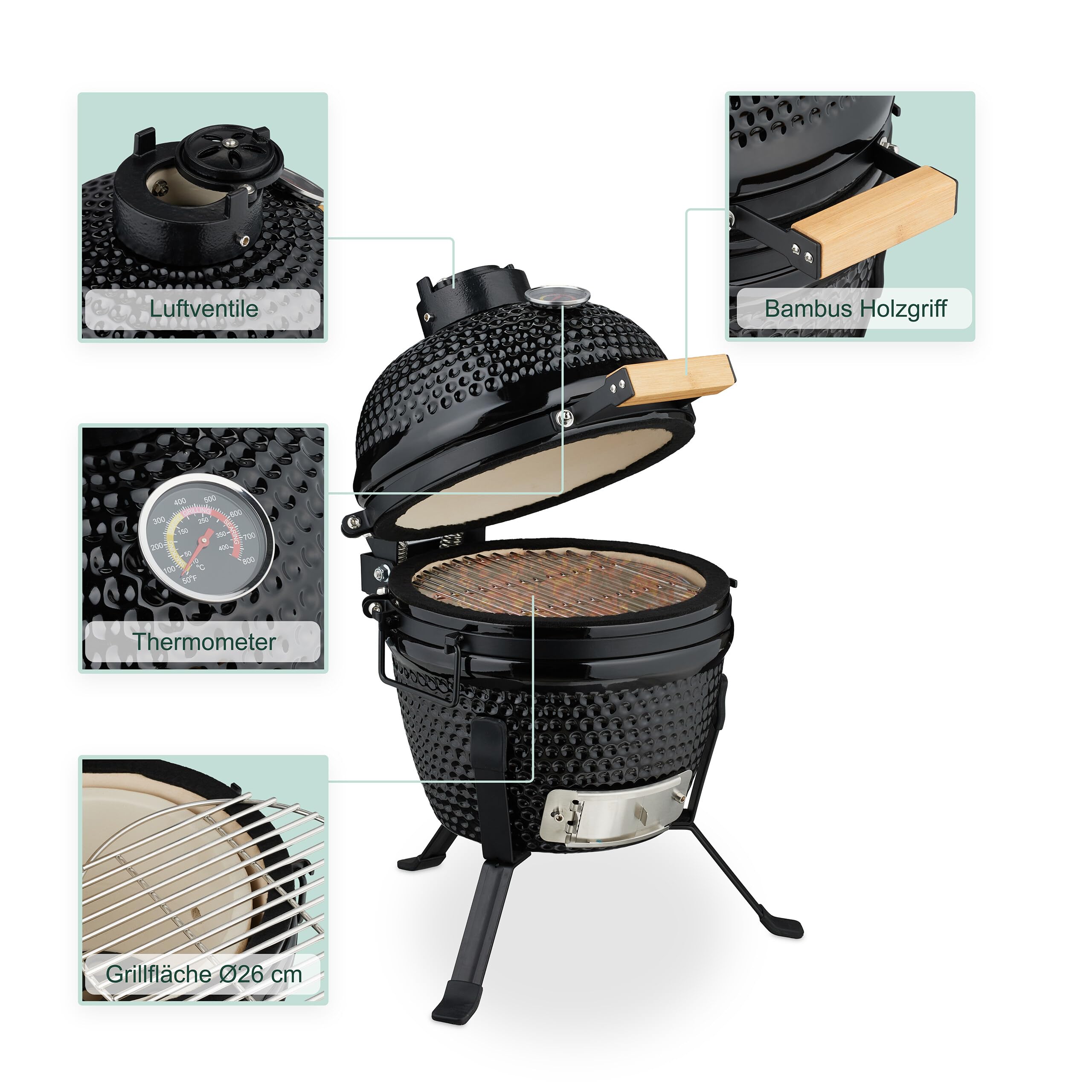 Relaxdays Kamado Grill, Ø 32 cm, Keramikgrill mit Thermometer bis 450 °C, BBQ, Grillen, Kochen & Backen, Smoker, schwarz