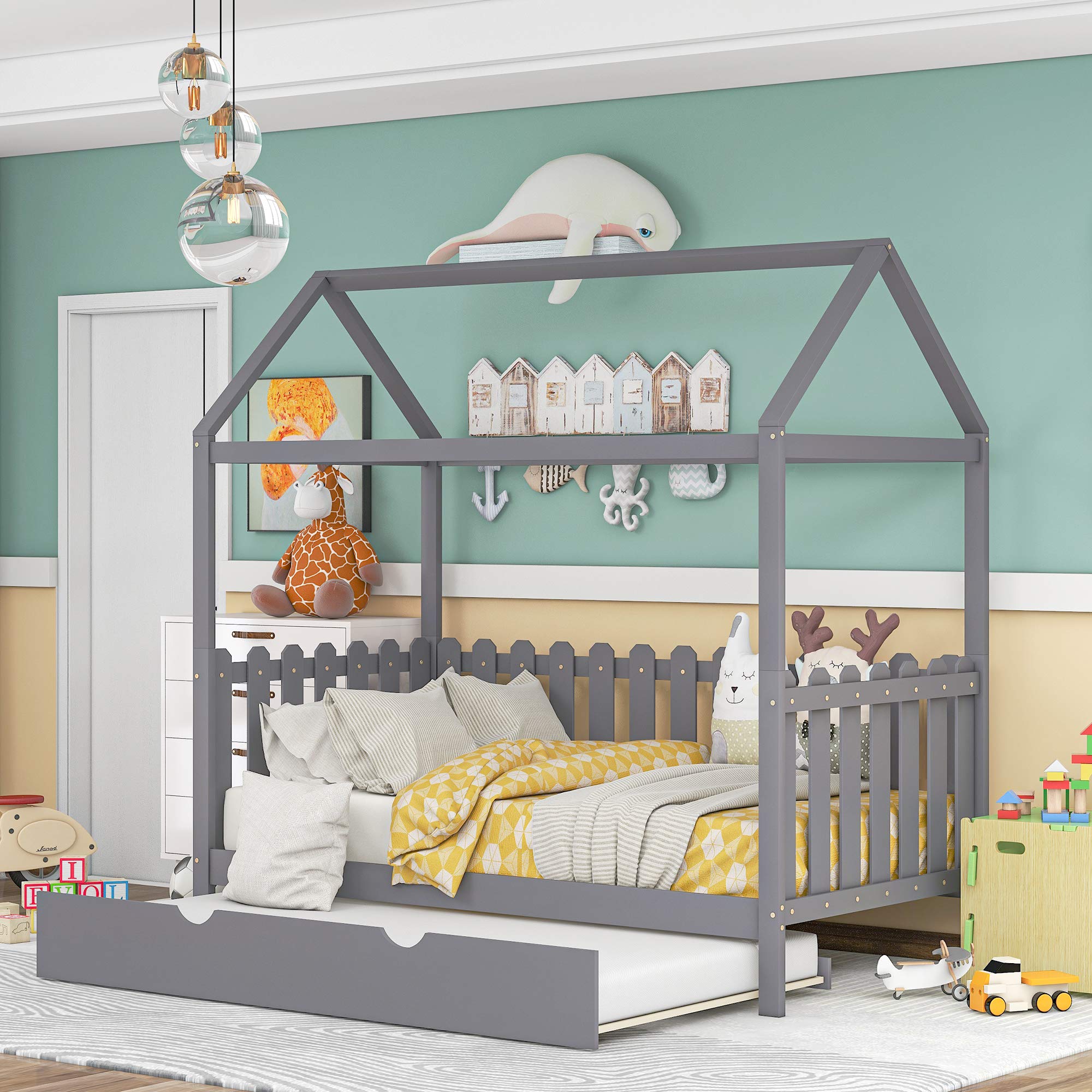 Buy Twin Size Wooden House Bed, Bed Frame with FenceShaped Guardrail for Kids, Teens, Girls