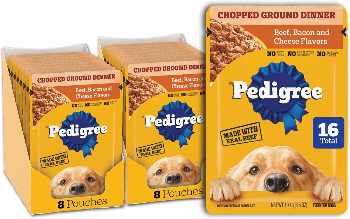 Pedigree Chopped Dinner Wet Dog Food Pouch, Beef & Bacon, 3.5 oz, 16 Count | Steam cooked with real beef, no added sugar, no artificial flavors, complete & balanced, serve as topper or complete meal