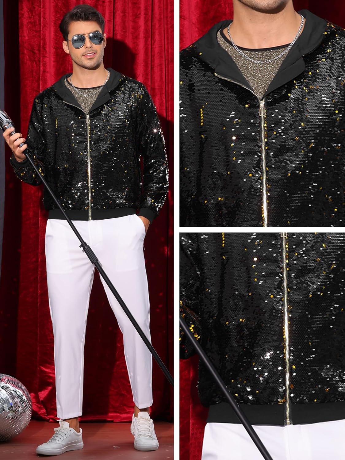 Lars Amadeus Sequins Jacket for Men's Long Sleeves Zip Up Flip-Sequin Sparkle Metallic Hoodie Jackets - Image 4