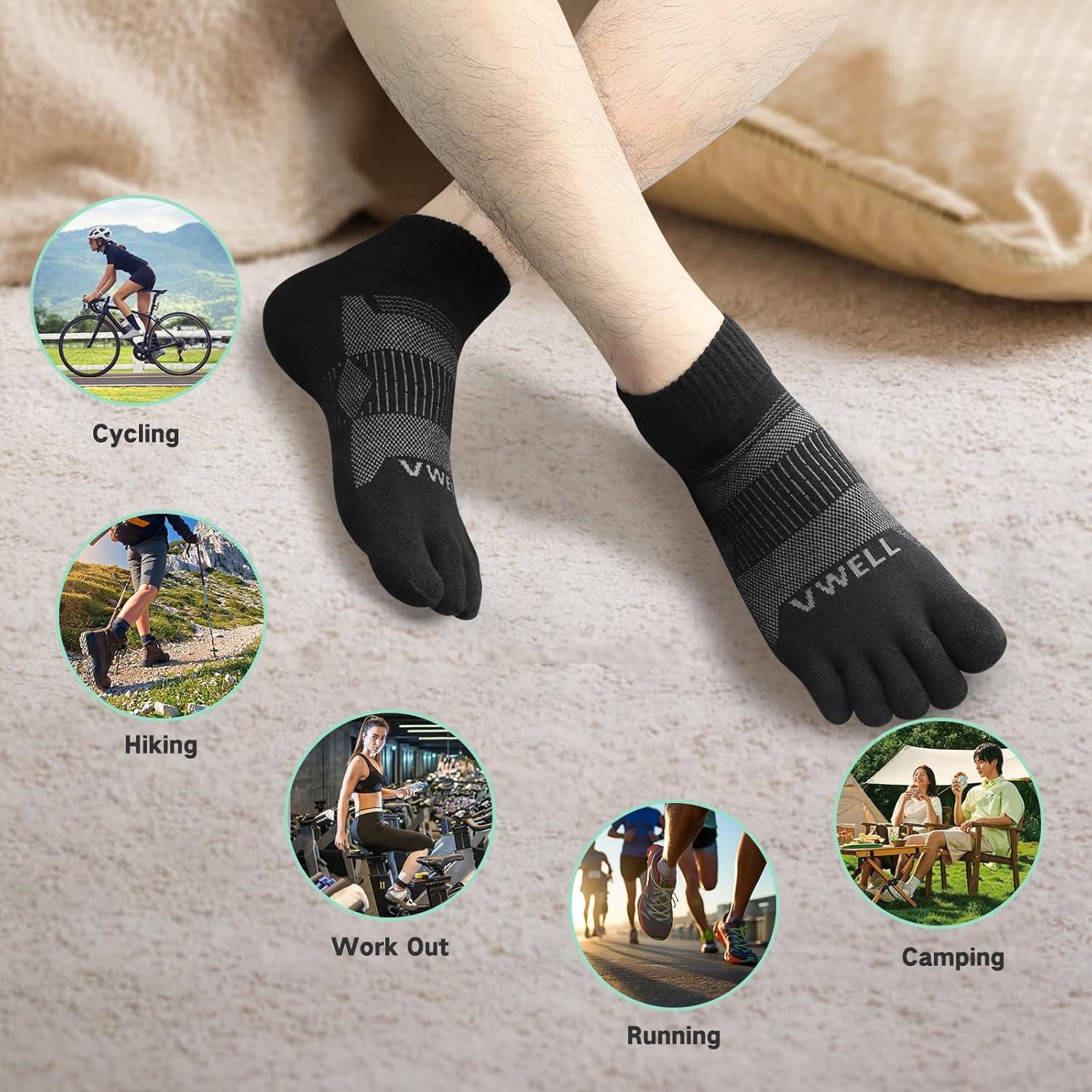 VWELL Merino Wool Toe Socks for Men and Women, Moisture Wicking Ankle Five Finger socks Athletic Running (3Pairs)