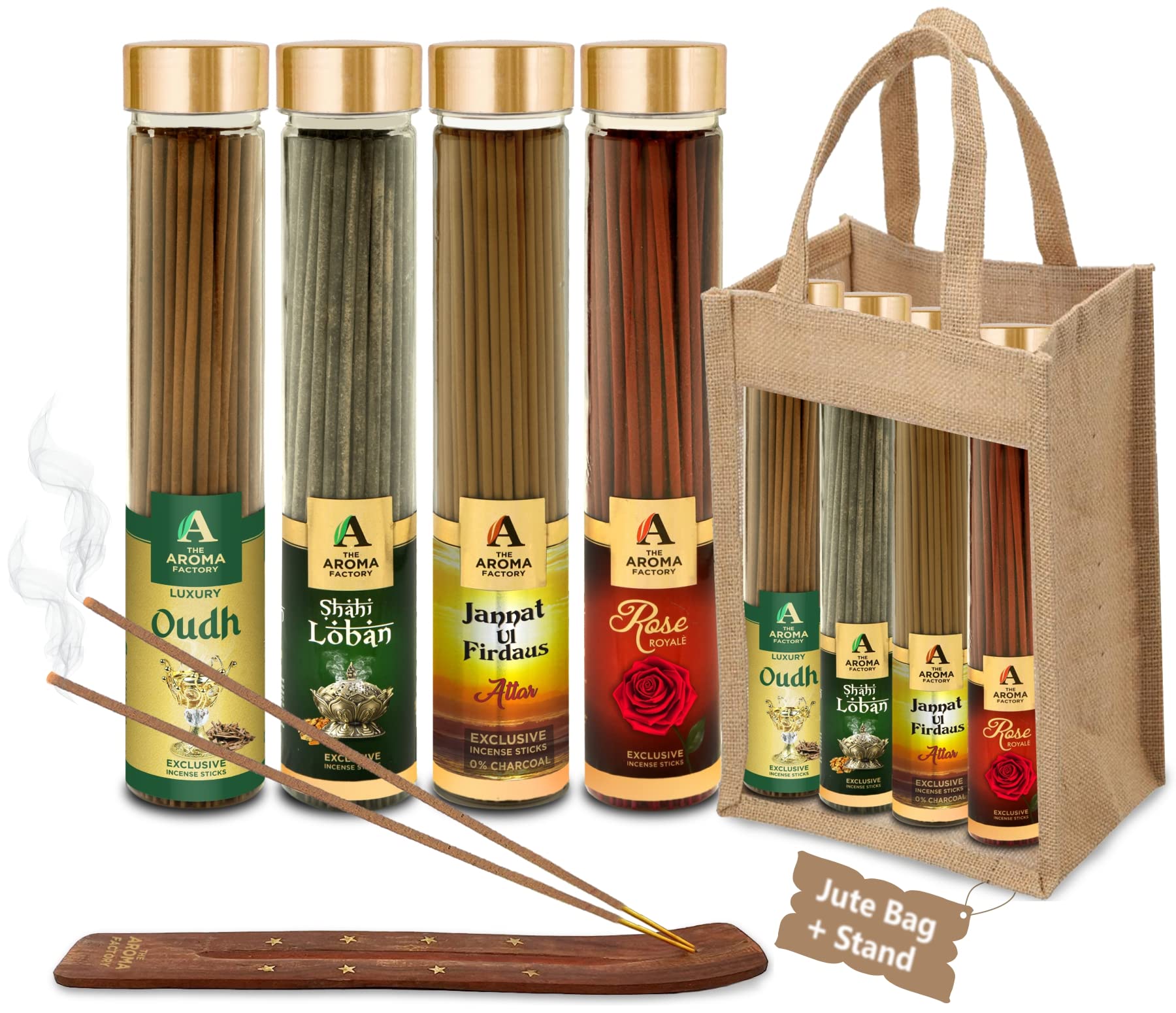 Organic Incense Sticks Aromatic Fragrances | Rose, Attar Jannat-ul-Firdaus, Oudh & Loban | No Charcoal, Scented Incense | Herbal Pooja Agarbatti | 4x100g Jute Bag Giftset