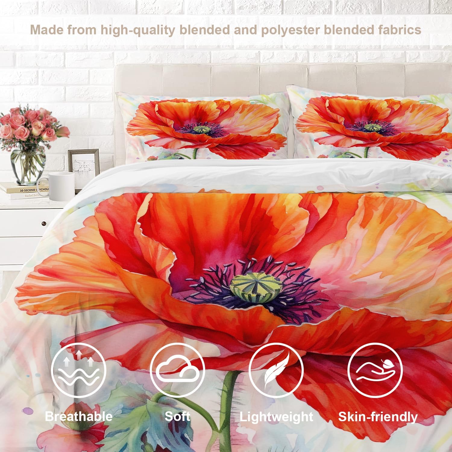 Watercolor Poppy Flower Duvet Cover Set King Size, 3 Pieces Summer Beautiful Red Orange Seasonal Floral 100% Cotton Bedding Set Hotel Quality Comforter Cover Set with 2 Pillowcases(No Filler)