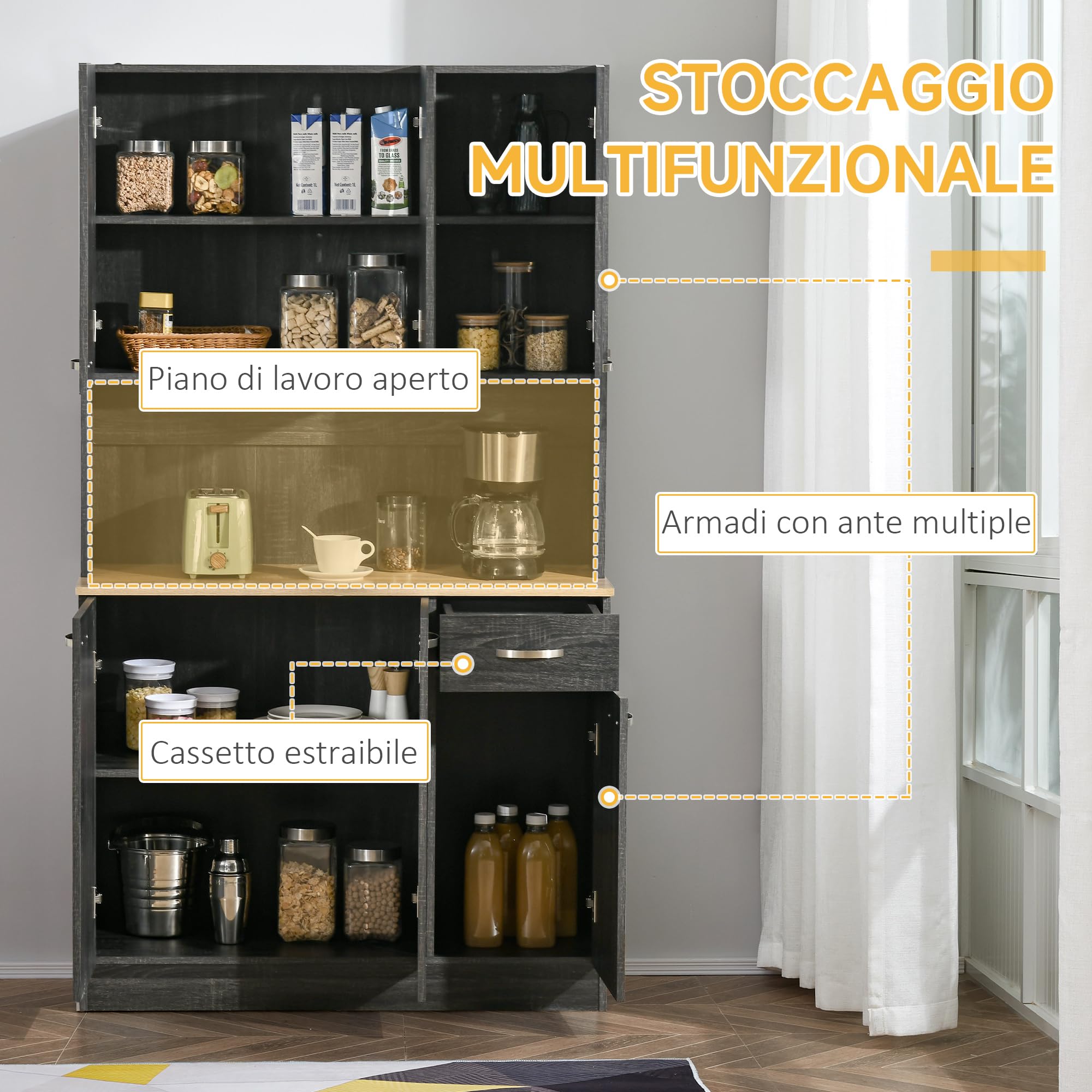 HOMCOM Credenza Cucina con Armadietti, Cassetto e Piano Portamicroonde, Mobile Dispensa Stretto con Ante e Ripiani Regolabili, Mobile Cucina per Soggiorno, Sala da Pranzo, 101x39x180 cm, Nero