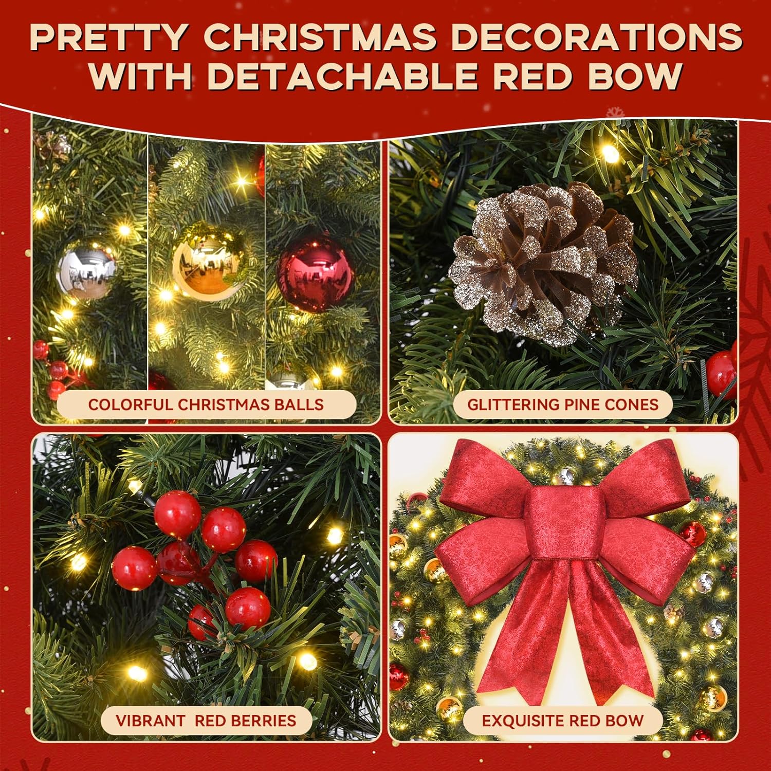 Christmas Wreath Outdoor - 48inch Christmas Wreath with Lights 200led Timerable & Dimmable - Prelit Christmas Wreaths with 512 PVC Tips Artificial Xmas Wreaths with Bow for Walls Mantel Garages