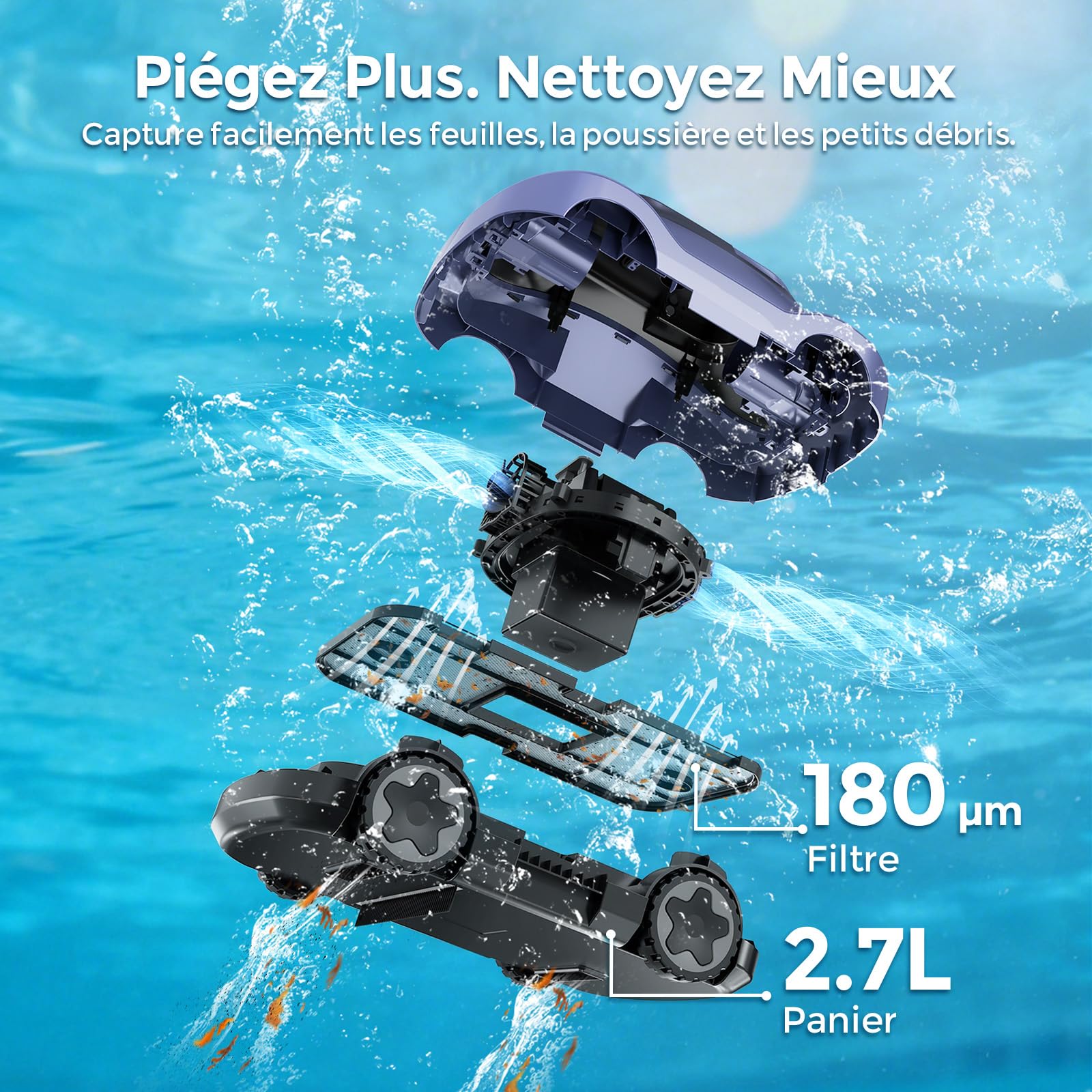 Robot Piscine, Aspirateur Piscine sans Fil, 180 Min d'Autonomie, Aspiration Puissante, Navigation Intelligente, Filtration Ultra-Fine, Auto-Parking, Robot Piscine sans Fil pour Piscines Hors Sol 200m²