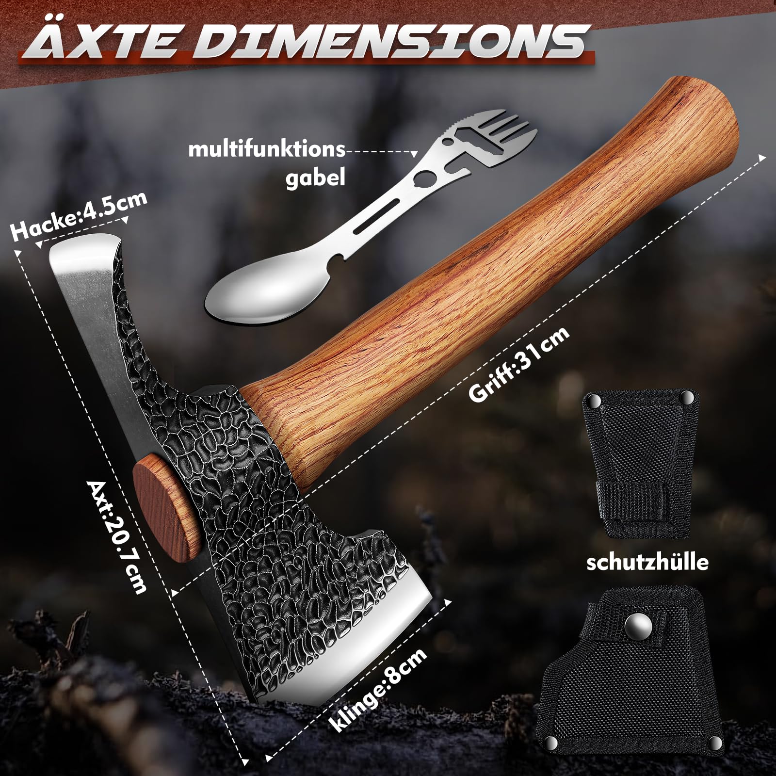 Purple Dragon 2 in1 Beil Axt und Gartenhacke,Axt Holz Spalten Handgeschmiedet Spaltaxt mit Holzgriff,Outdoor Axt Set mit Scheide und Camping Gabel für Garten Wald Survival,Geschenke für Männer