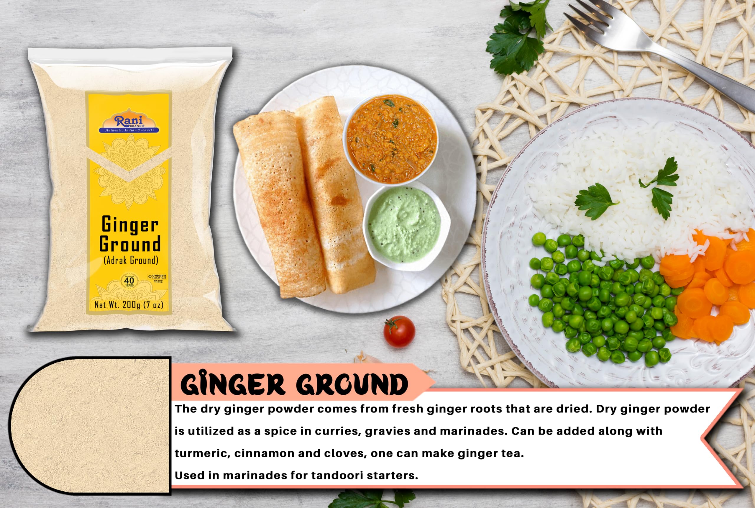 Rani Ginger (Adarak) Powder Ground, Spice 7oz (200g) ~ All Natural | Vegan | Gluten Friendly | NON-GMO | Kosher | Indian Origin