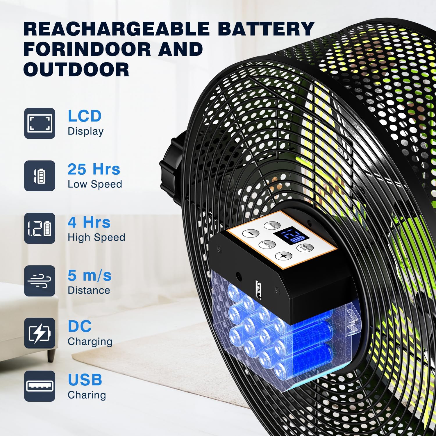 12 Inch Portable Cordless Rechargeable Floor Fan, Whisper Quiet Battery Operated Full Metal Fan, 24H Runtime, 12 Speeds, 12H Timer, USB Charging, for Camping, Outdoor Patio, Home, Garage, Bedroom - Image 3