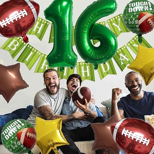 Miniatura 5 de Juego de globos de fútbol americano para decoración de cumpleaños de 16 años, globos de rugby dorado y marrón, estrella de campo de rugby para