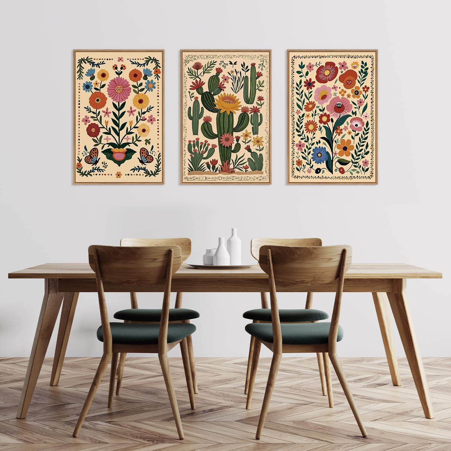HLNIUC Boho Wildflower Wall Art Canvas,Mid Century Floral Wall Art,Butterfly Flower Artwork Watercolor,Cactus Framed Decor,William Morris Prints,Botanical Painting for Living Room Bedroom Home16x24x3