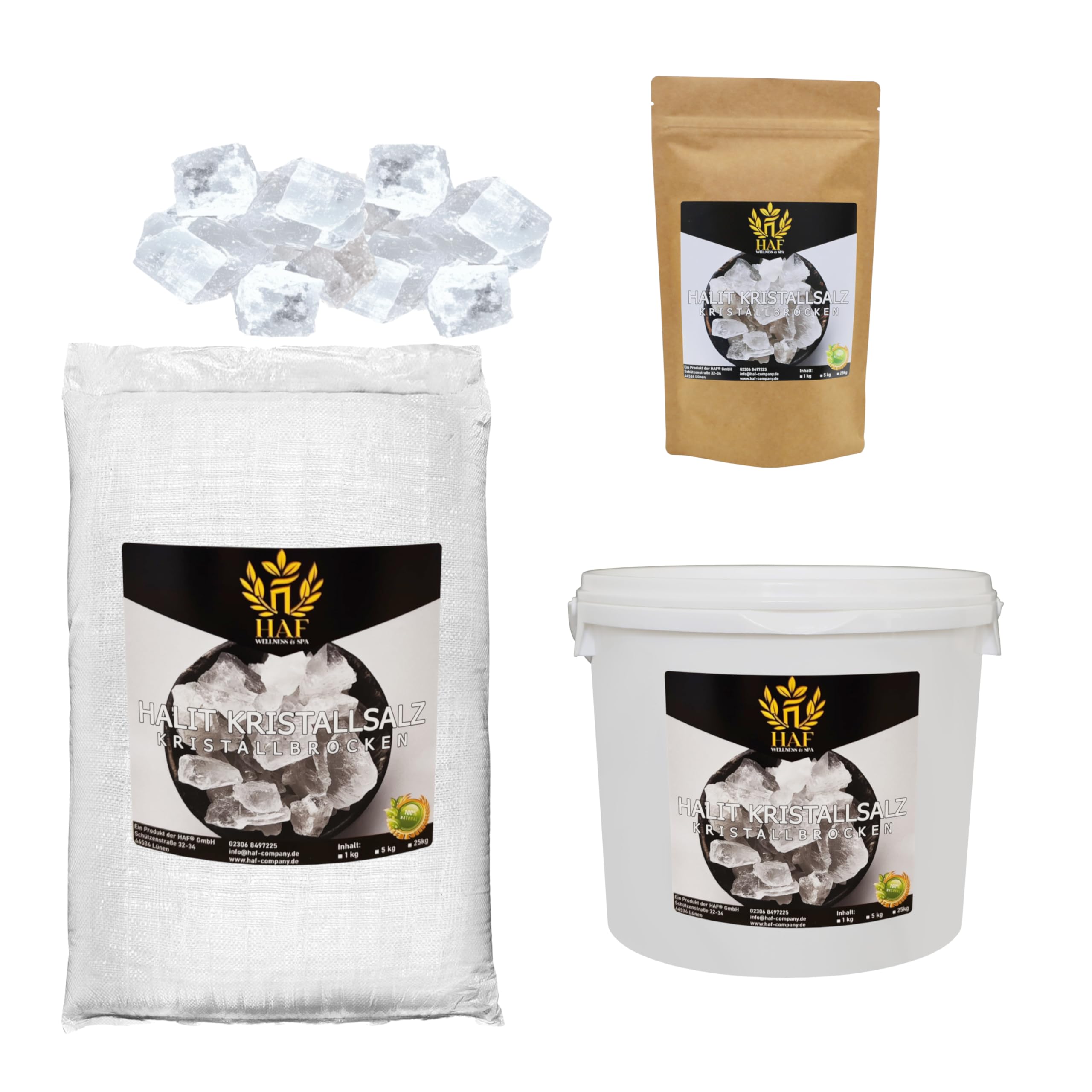 HAF® Weiße Halit Salzbrocken 5 kg | Grobe Steinsalz Brocken ohne Zusätze und naturbelassen aus der Salt Range in Pakistan | Salzsteine | Solebrocken | Größe: 2-5 cm | Menge: 1 x 5 kg im Eimer