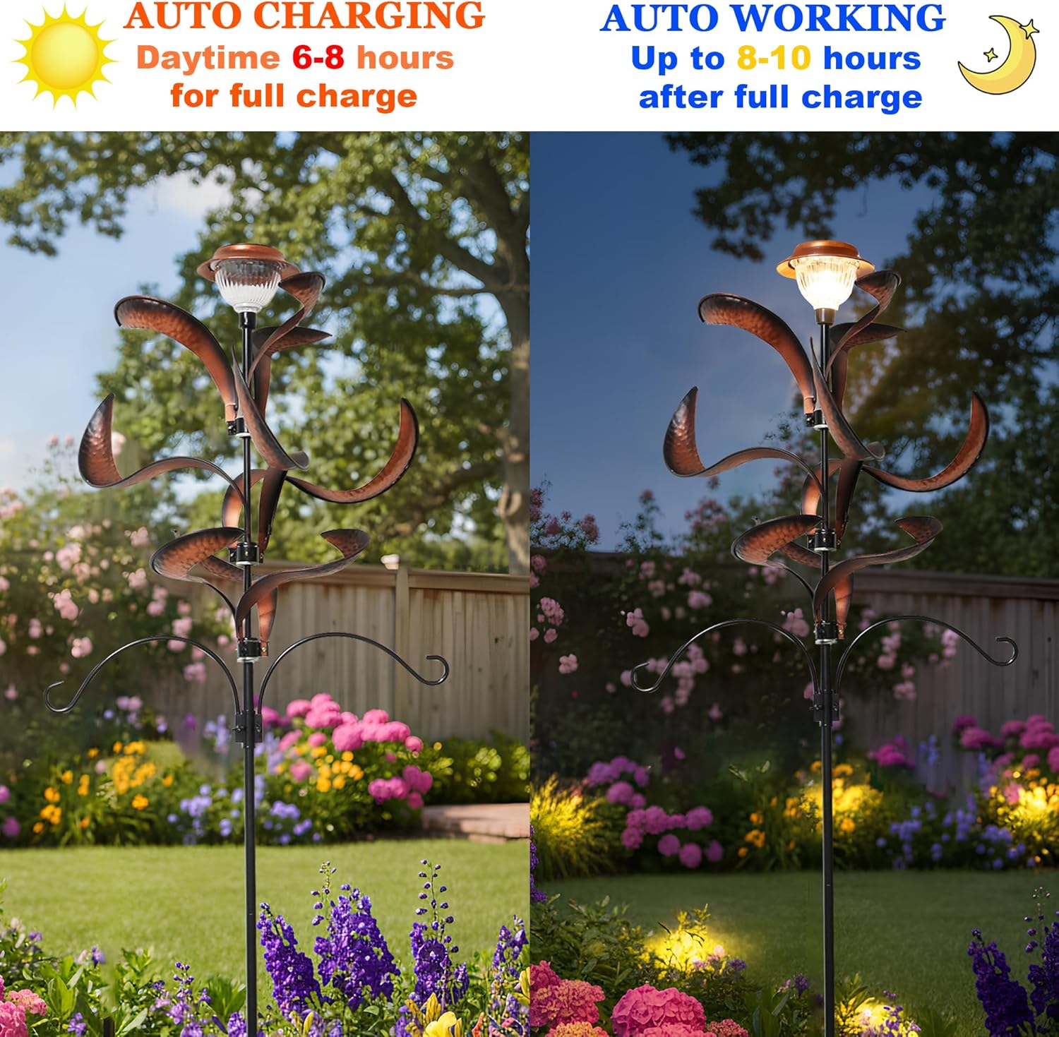 81" Metal Wind Spinner with Solar LED Light & Hanging Hooks - Rustic Copper Finish Kinetic Yard Art for Garden, Patio, Lawn - Outdoor Decor Stake