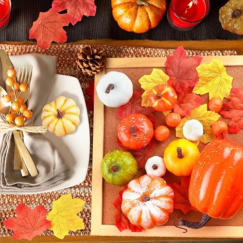Miniatura 6 de Draupnir 45 piezas de decoración de otoño  15 mini calabazas y 30 hojas de otoño de varios tamaños, calabazas artificiales para Halloween, Acción de