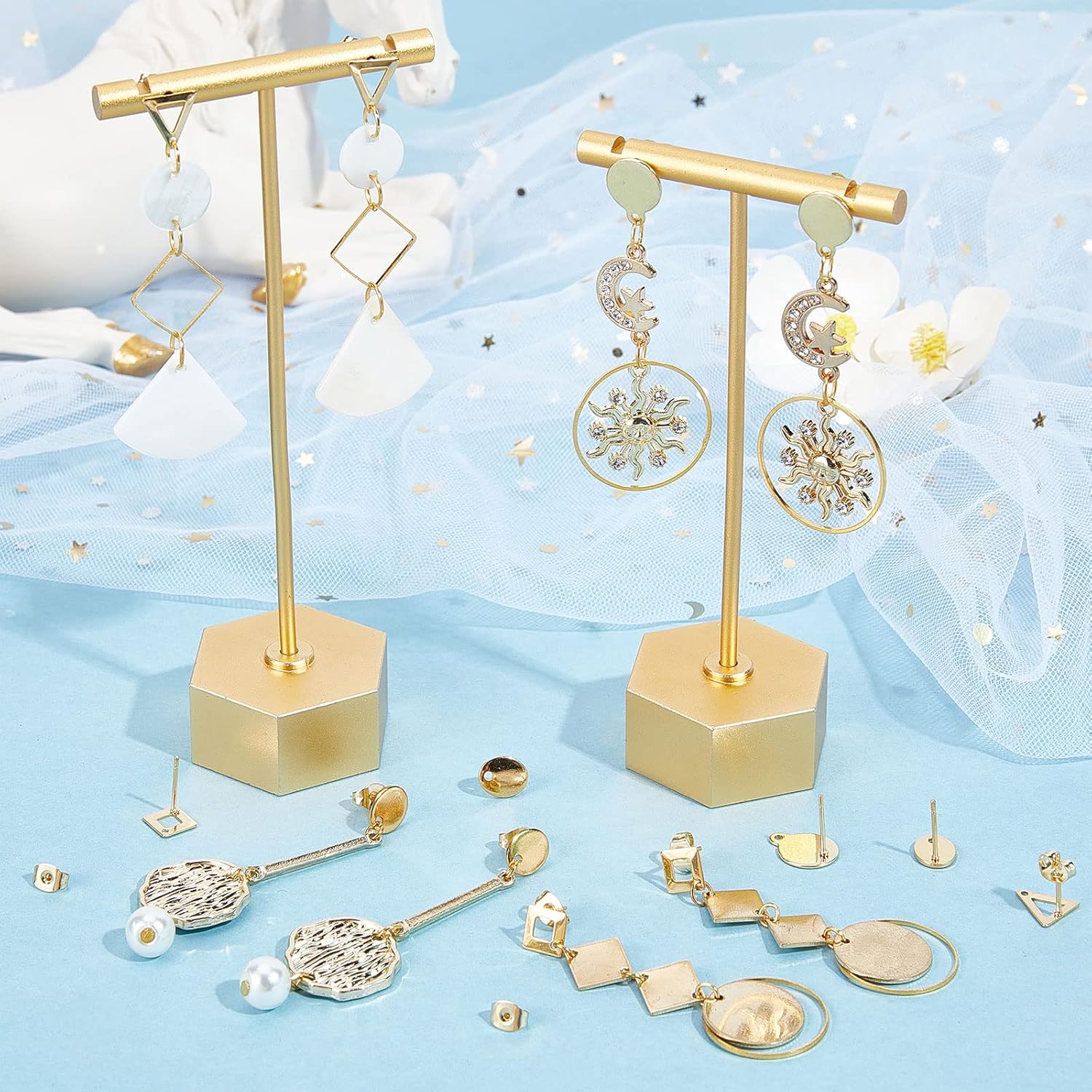 Beebeecraft 1 Box 80Pcs 4 Style 24K Gold Plated Stud Earring Findings Stainless Steel Triangle Oval Rhombus Flat Round Stud Earring Posts with Loop and Ear Nuts for Women Jewelry Making - Image 4