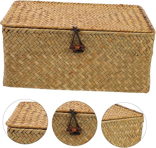 Miniatura 3 de Cesta de almacenamiento de paja para niños, cubo de basura retro tejido con tapas, cesta de basura tejida de hierba marina, cesta de almacenamiento