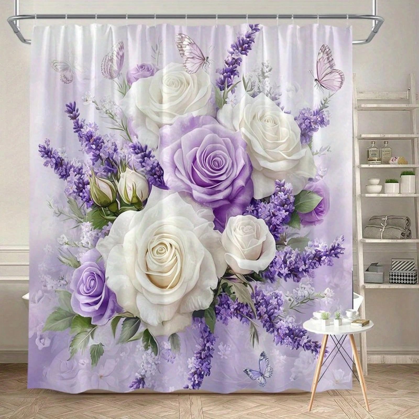 GLKSDLPO White Purple Roses Shower Curtain With Lavender Lilac Flowers & Translucent Purple White Butterflies - Bathroom Decor(180x240cm/71x94in(WxH)