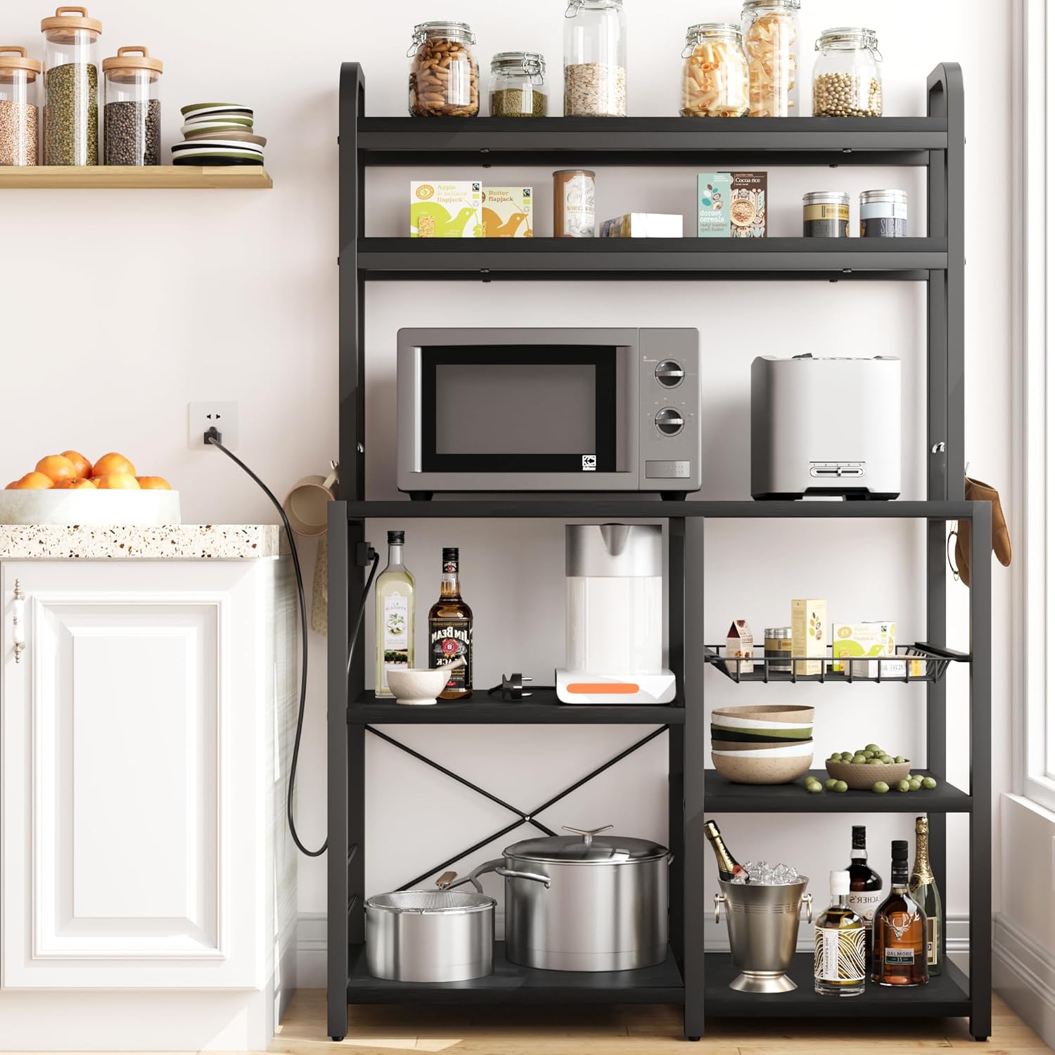 Black Industrial Bakers Rack with Power Outlet and Wire Drawer