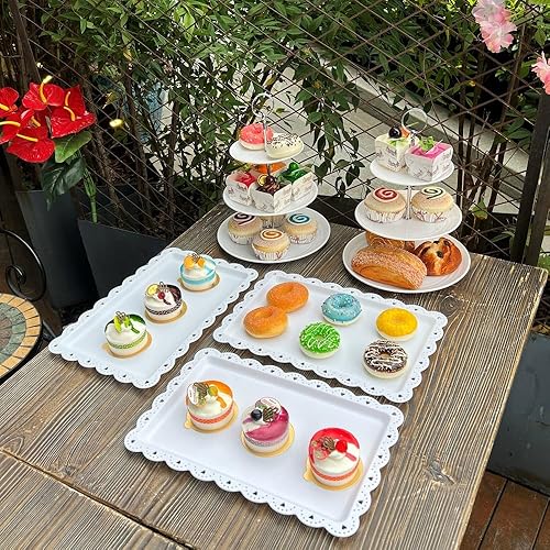 Miniatura 5 de Juego de 5 soportes para postres, 2 soportes pequeños de plástico blanco de 3 niveles para cupcakes y 3 bandejas rectangulares para servir fiestas,