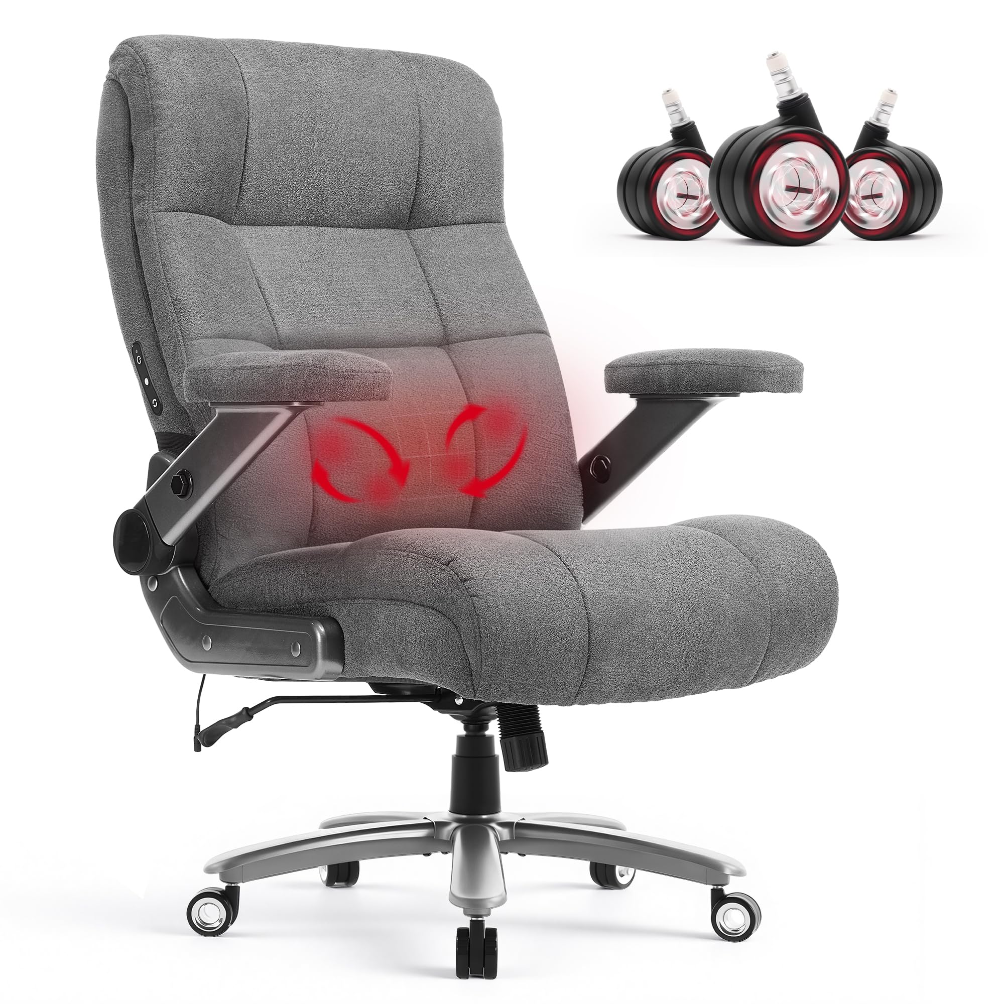 600LBS Big and Tall Massage Office Chair, Extra Wide Seat - 3D Kneading Massage & Heat Office Chair with Heavy Duty Metal Base, 3D Flip Arms, Fabric