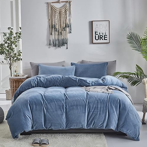 Pureant Juego de edredón mullido azul tamaño King, juego de ropa de cama de terciopelo azul lago para hombres y niños, edredón King de color liso,